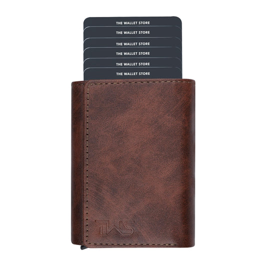 The Wallet Store Maverick RFID Protected Minimalist Wallet, Pop-Up Cardholder, Scan-Proof Aluminium Case, Holds 8 Credit/Debit Cards, Slim Men’s Wallet (Brown-D)