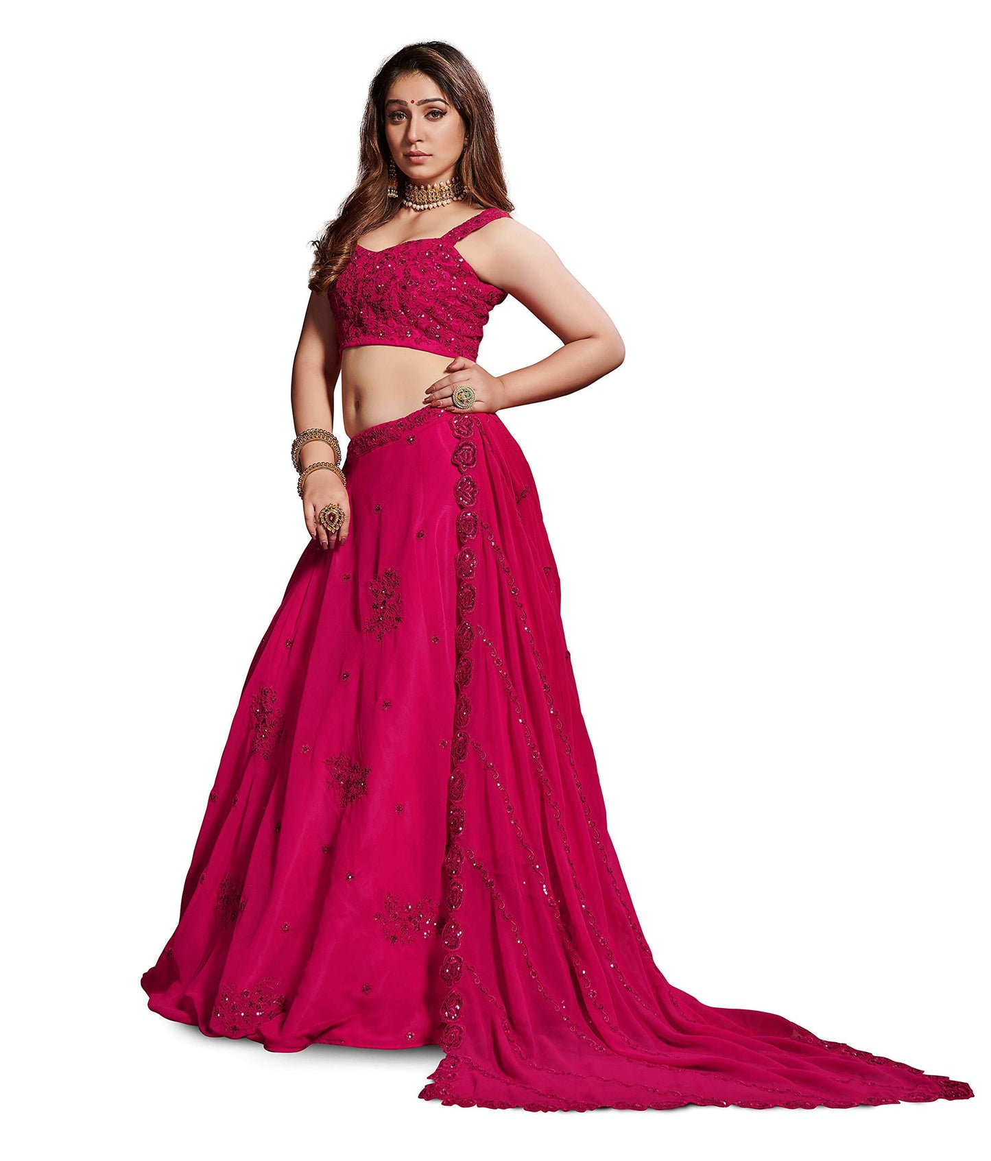 Zeel Clothing Women's Georgette Semi stitched Lehenga Choli (7060-Pink_Pink_Free Size)