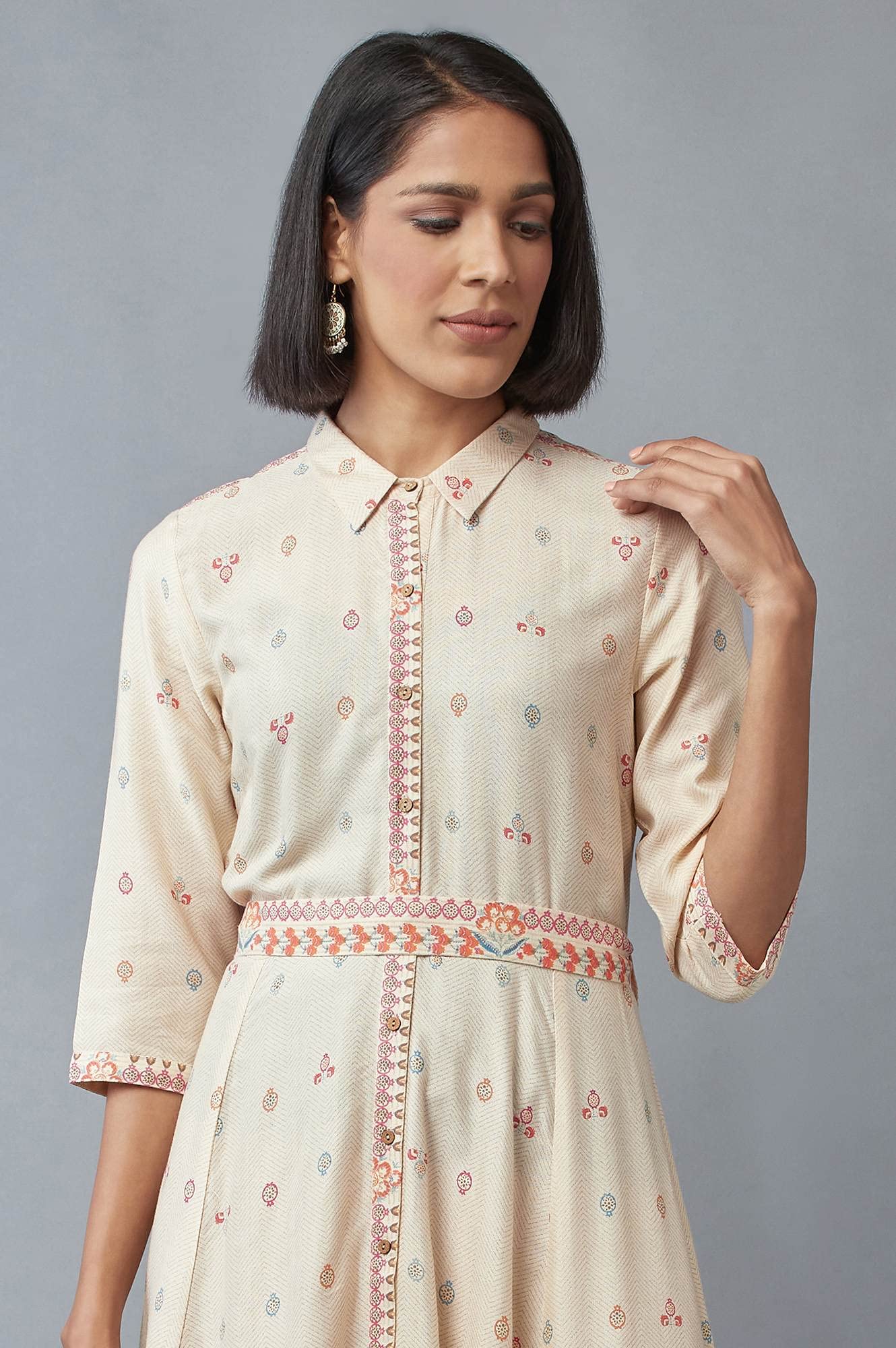 W for Woman Women's Rayon Ecru Shirt Collar Dress Midi (22FEW16068-116564 L)