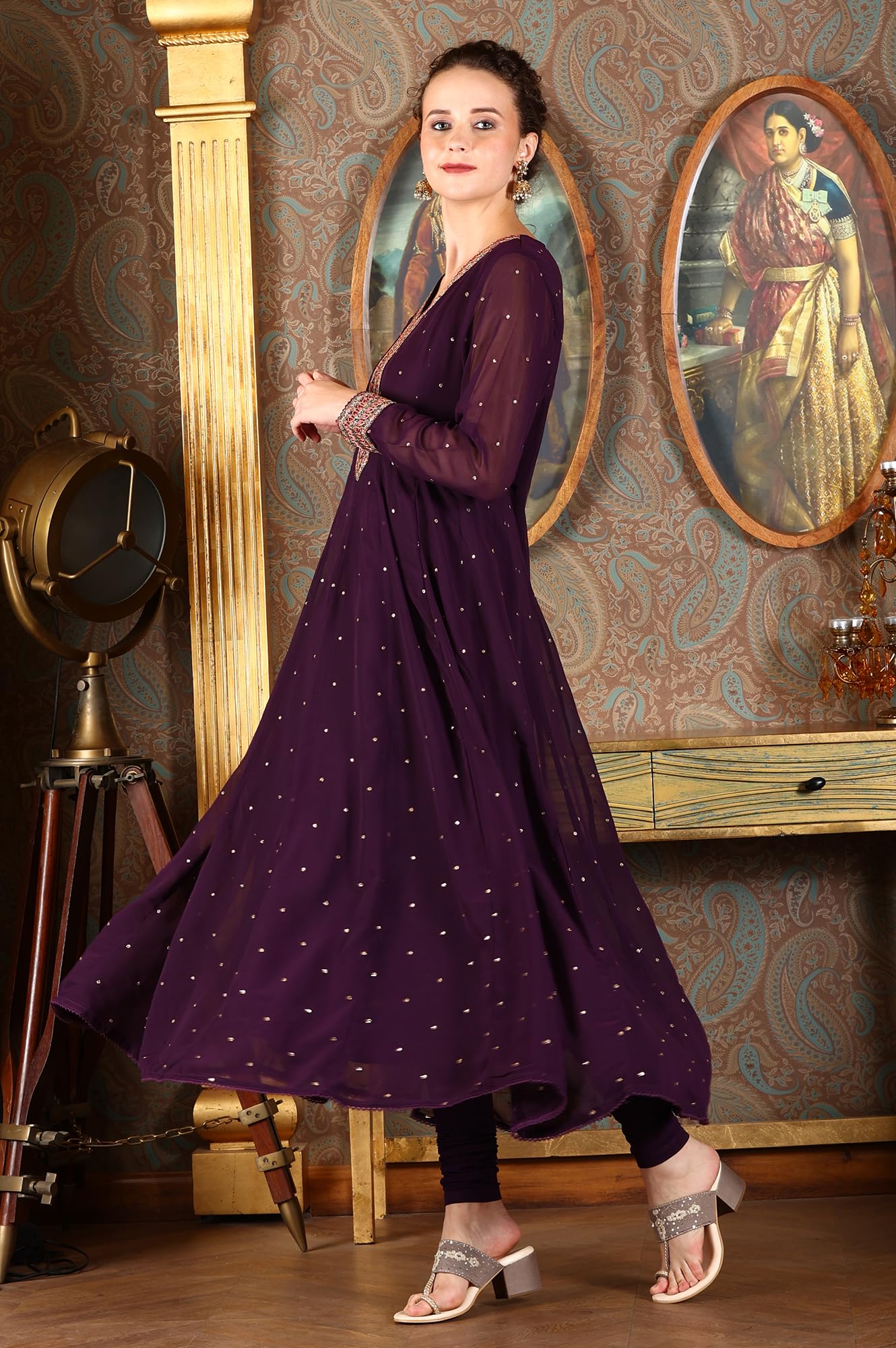 W for Woman Wishful Purple Thread Embroidered Georgette Anarkali Kurta, Churidar and Dupatta Set (Size: L)-24AUSP10922-400556