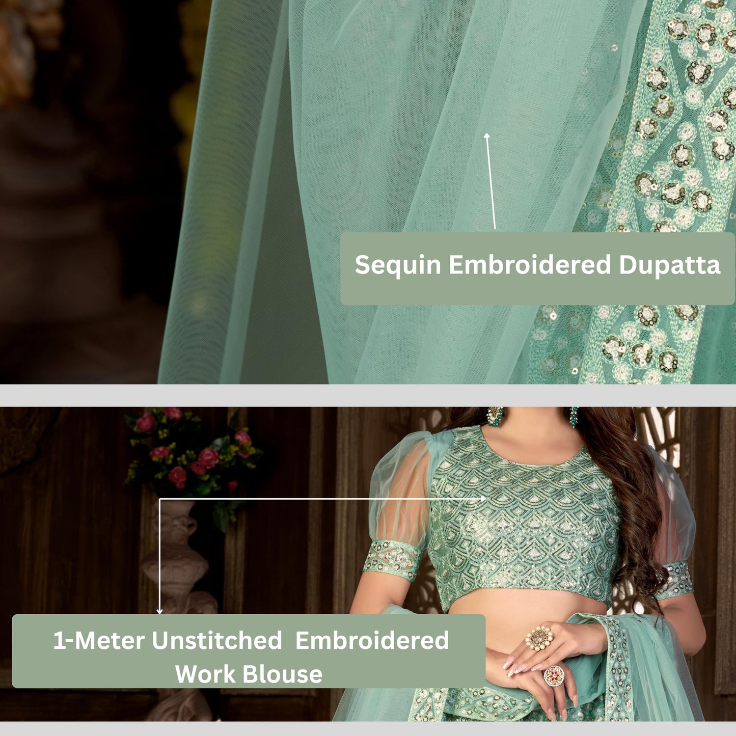 VARNI FABRICS Lehenga set for Women Net Embroidered Sequence Zari Work Semi Stitched Lehenga for Women Wedding Ethnic Traditional Party Lehenga Choli with Dupatta Mehndi Reception| Green | Free Size