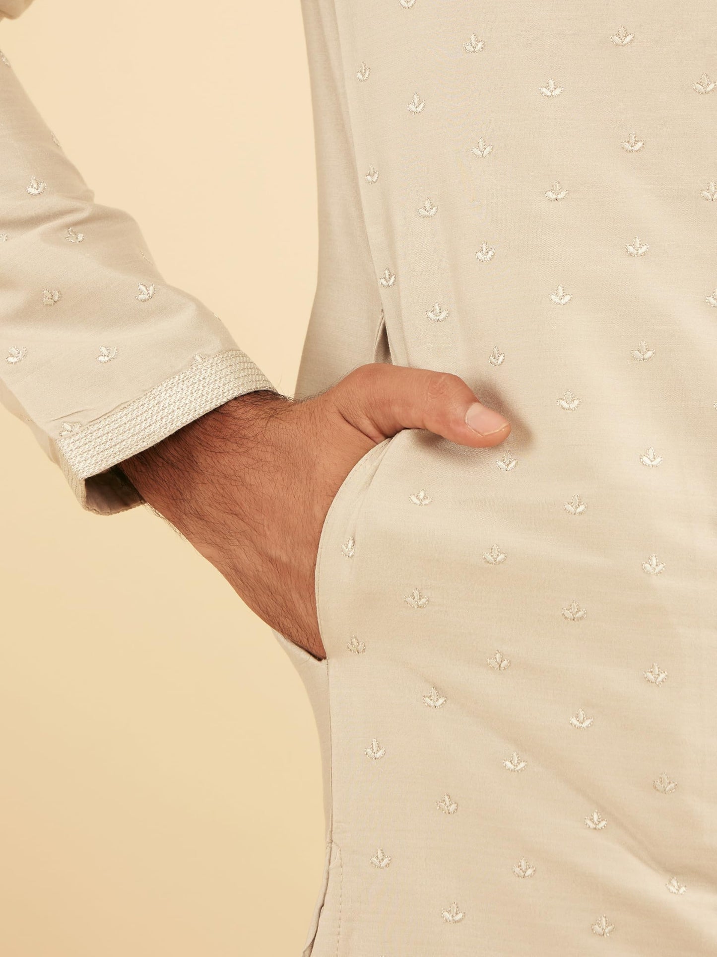 Manyavar Men's Viscose Blend Thread Embroidery Kurta Set (Light Grey,XXXL)