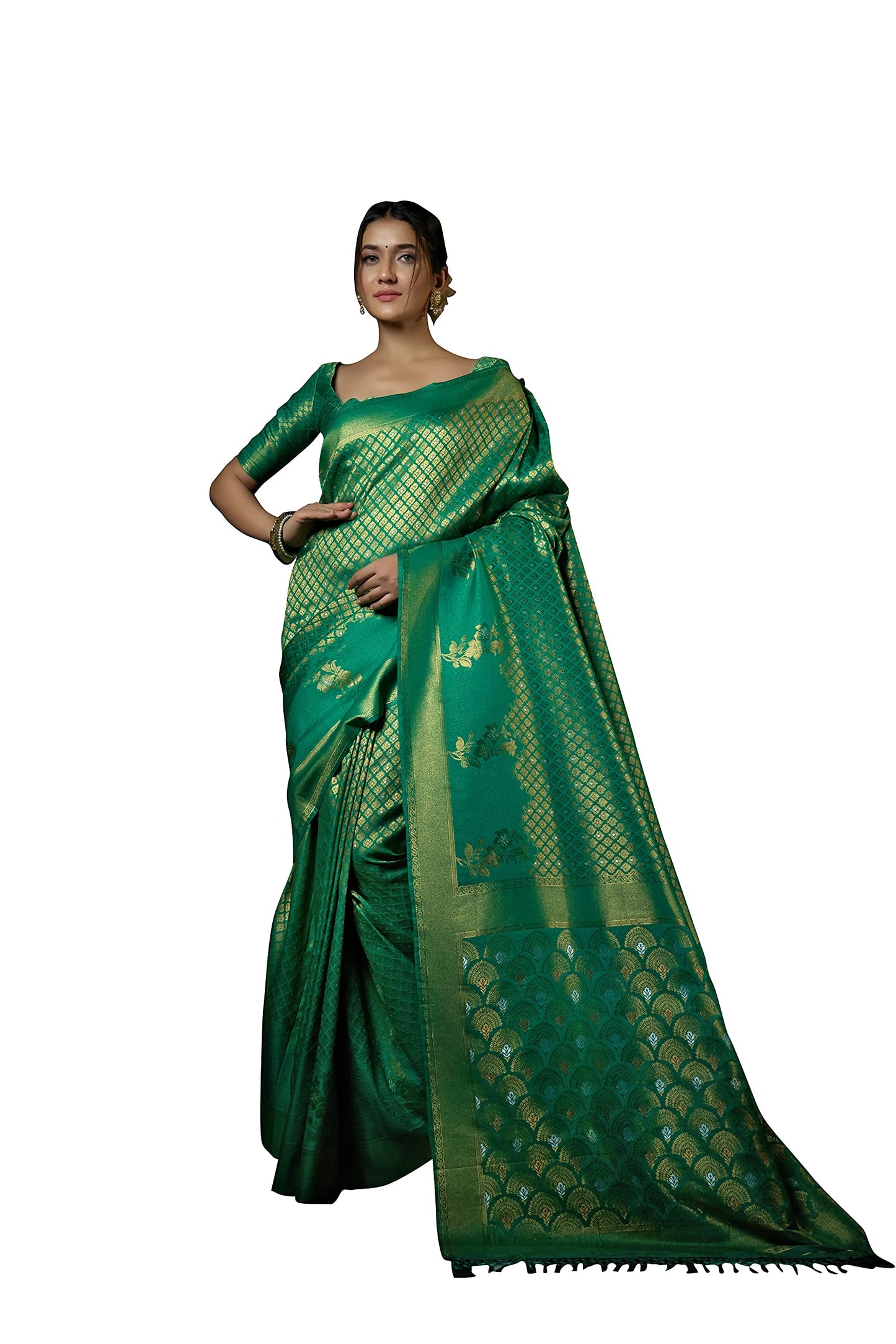 Vardha Women's Kanchipuram Art Silk Saree with Unstitched Blouse Piece - Zari Woven Work Sarees for Wedding (Anamika Silk, 400, Green)