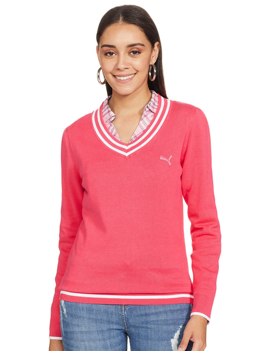 Puma Women's Cotton and Wool V-Neck Pullover Sweater (56835501_Red_L)