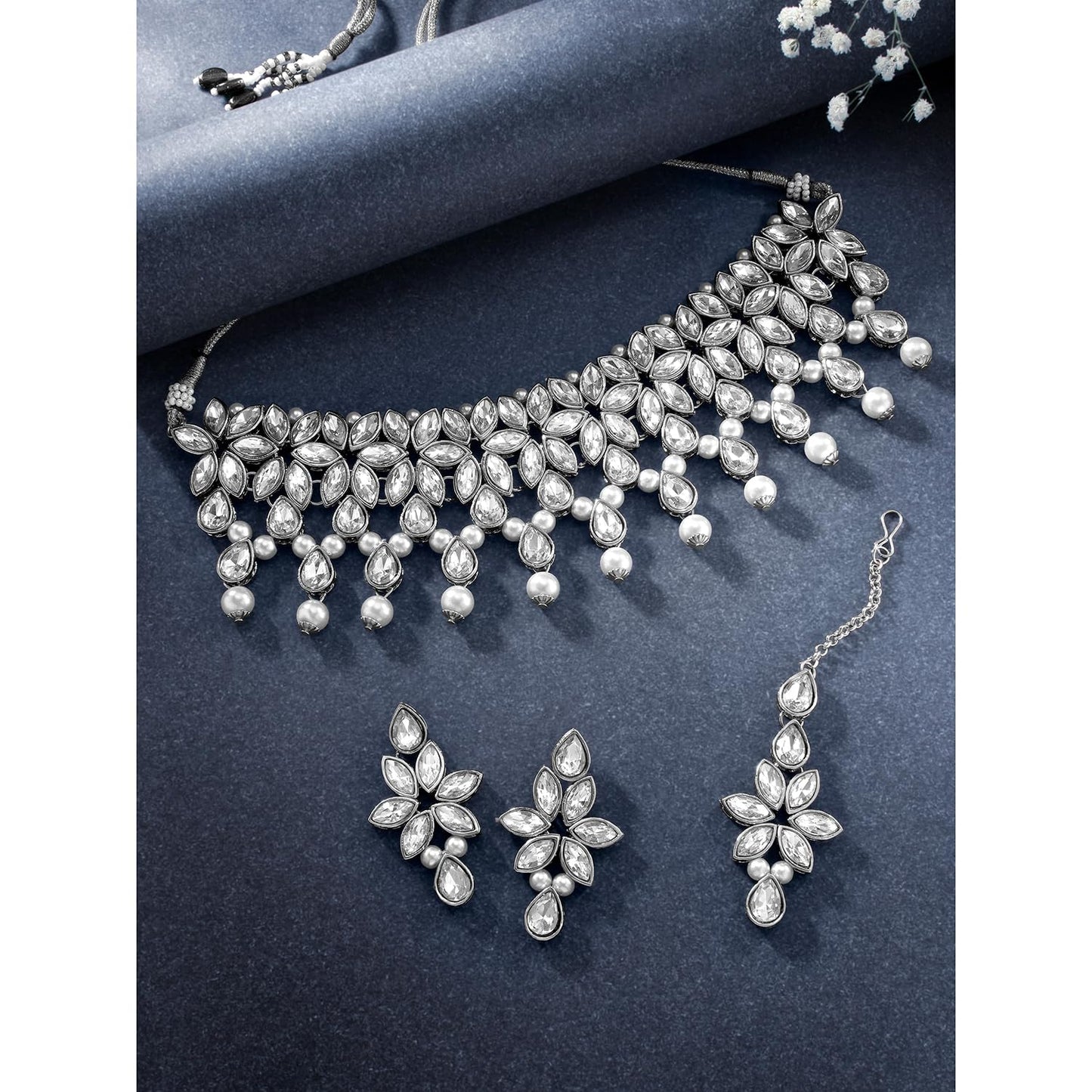 Peora Silver Plated Crystal & Beads Studded Necklace Earrings Maangtikka Set Ethnic Jewellery for Women