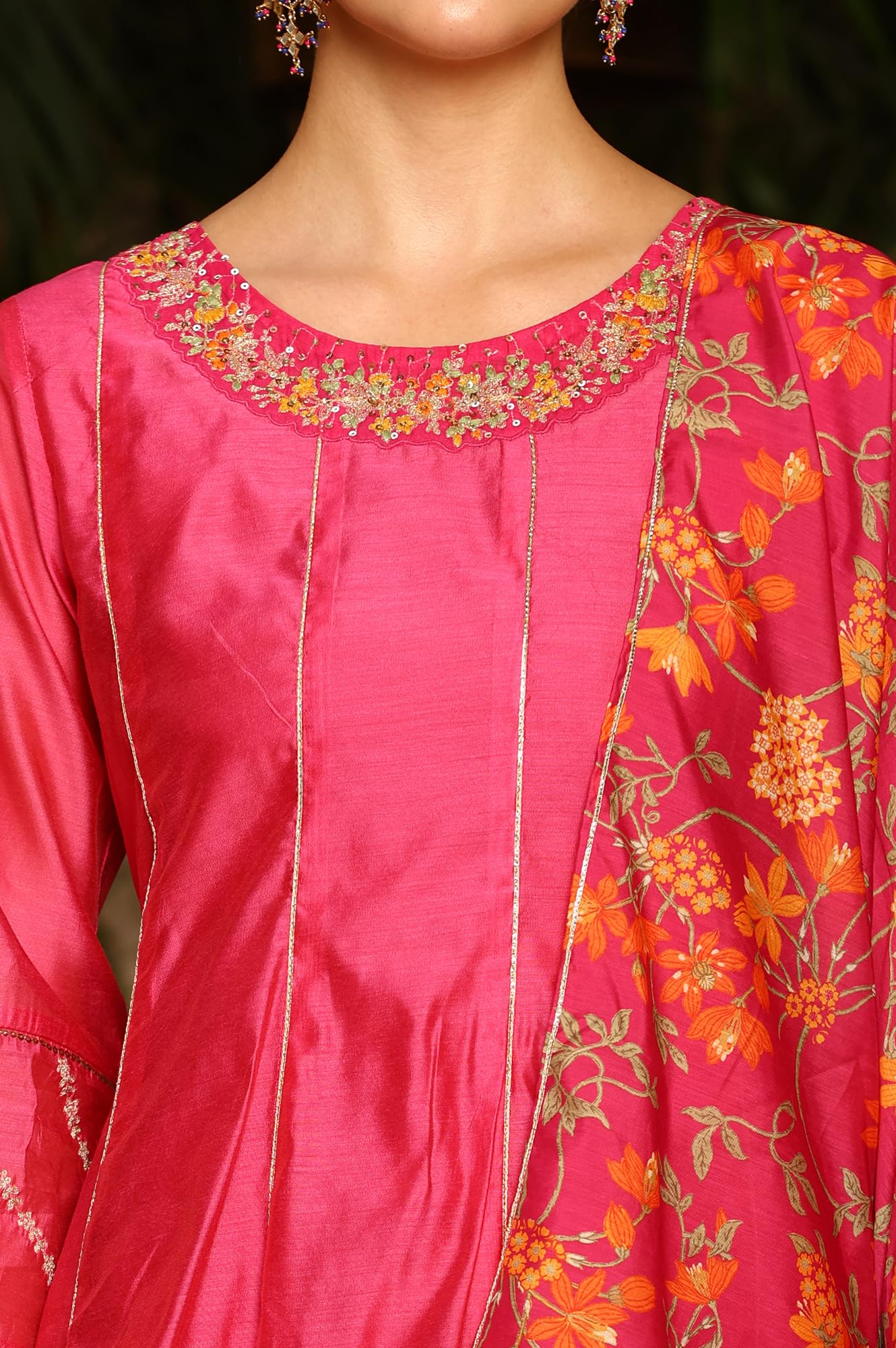 W for Woman Magenta Pink Chanderi Dori Embroidered Anarkali Kurta, Pants and Dupatta Set (Size: XS)-24AUWS11468-221979