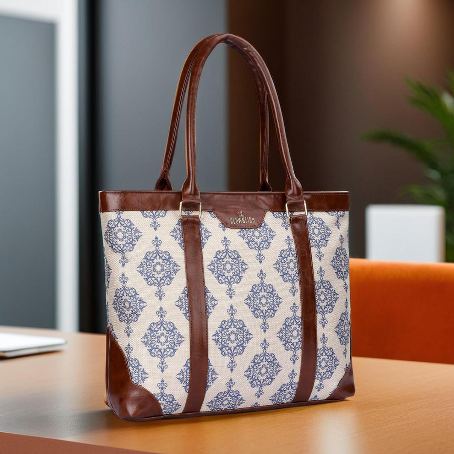 THE CLOWNFISH Miranda Series 15.6 inch Laptop Bag For Women Printed Handicraft Fabric & Faux Leather Office Bag Briefcase Hand Messenger bag Tote Shoulder Bag (Off White)