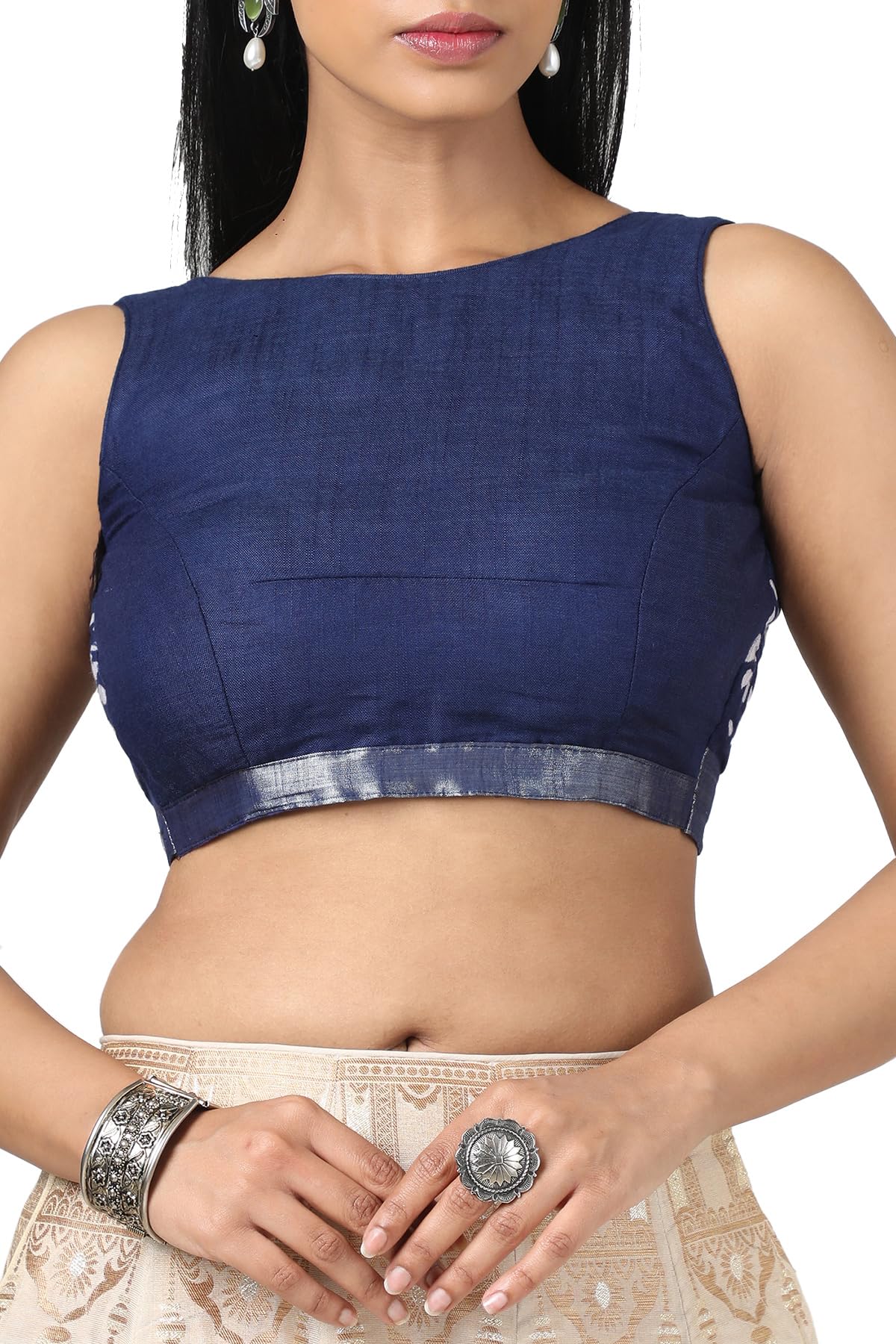 Soch Womens Navy Blue Linen Batik Print Saree With Tassels