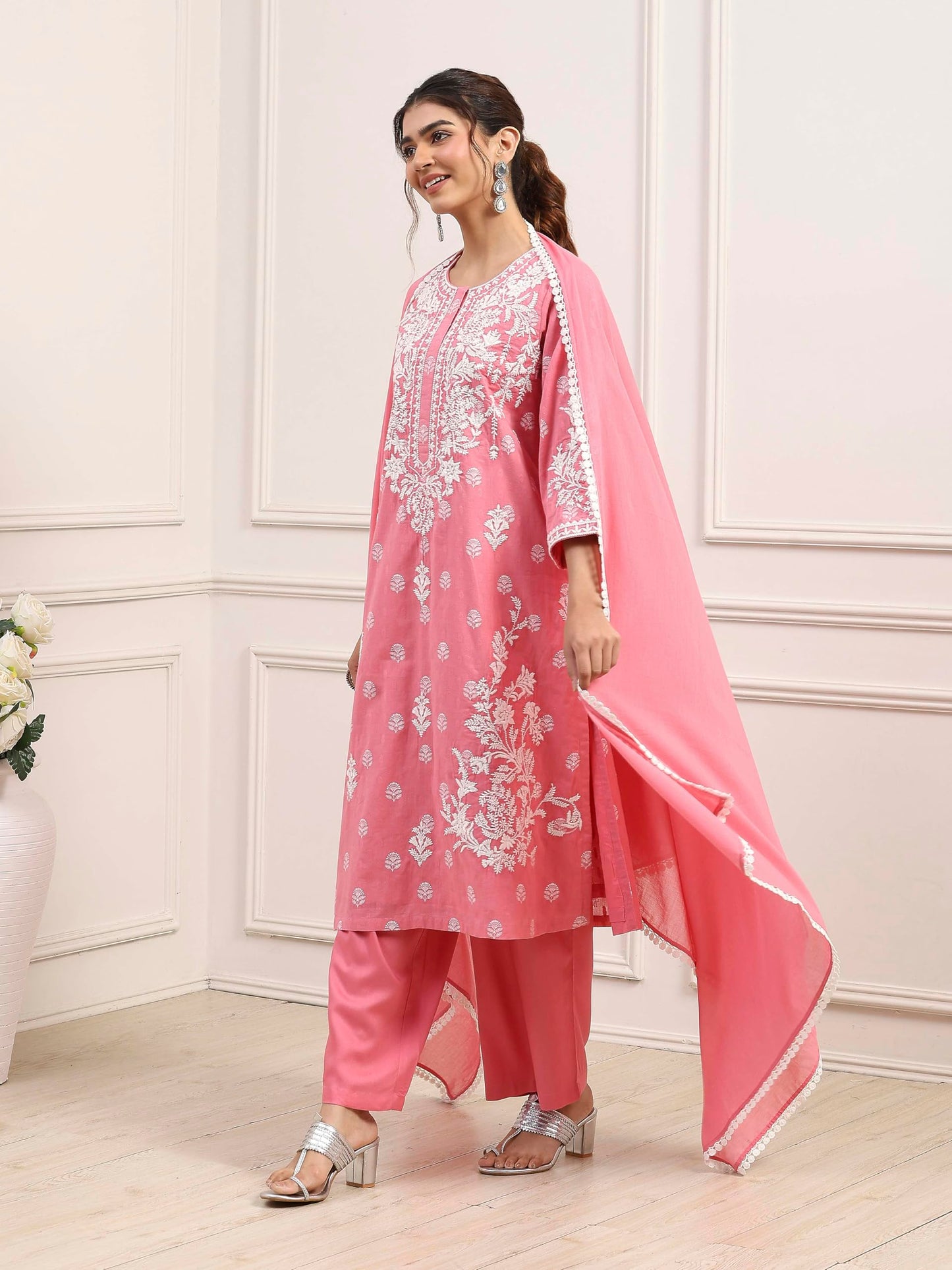 Biba Women Pink Cotton Straight Suit Set_36
