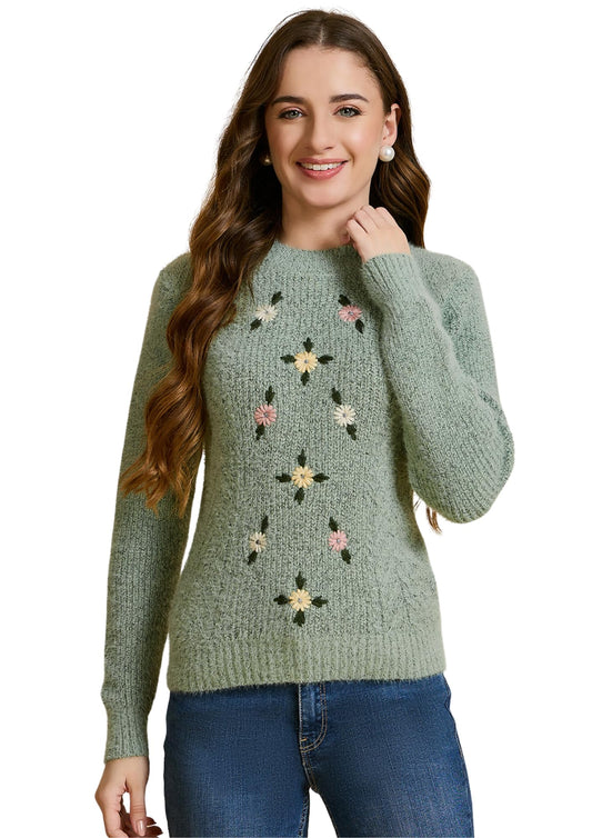 Clapton Women's Floral Embroidered Knitted Pullover Sweater, Long Sleeve, Round Neck, Casual (in, Alpha, L, Regular, Pista)