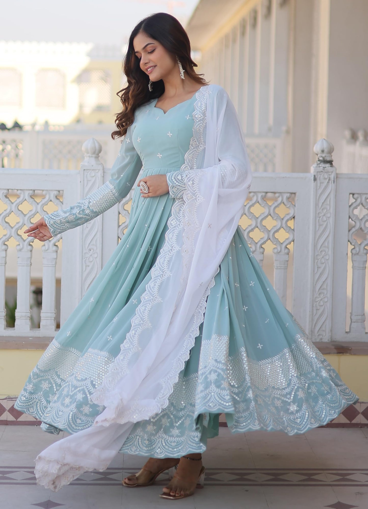 Fashion Basket Blue Women's Faux Georgette Anarkali Gown with Dupatta (Large)