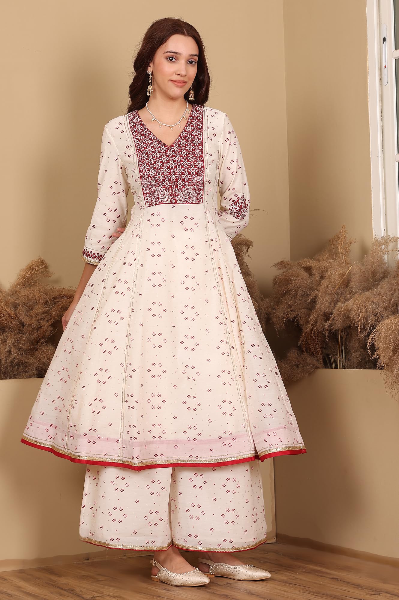 W for Woman Wishful Whisper White Dot Printed Embroidered Chanderi Anarkali Kurta, Flared Pants and Dupatta Set (Size: XXL)-24AUSP11726-124351