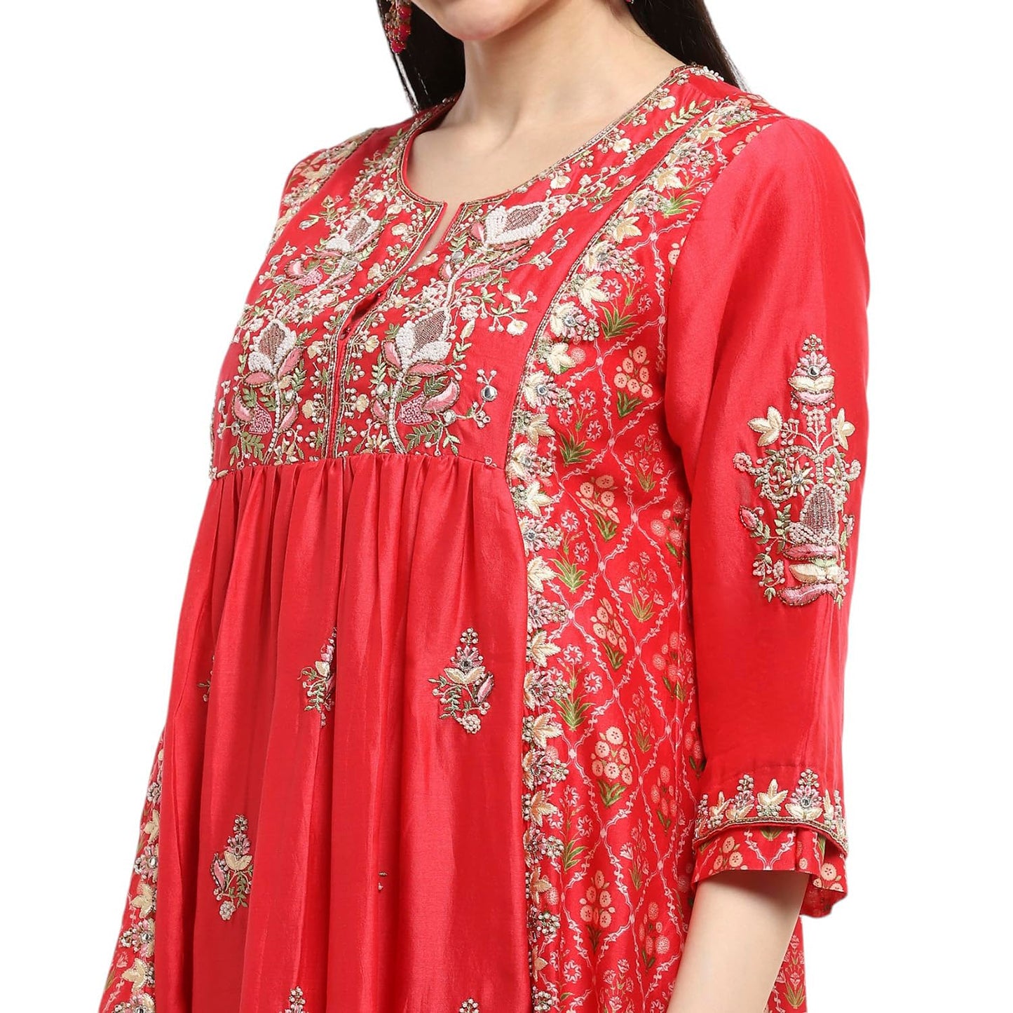 Biba Women's Silk Chanderi Kurta Set (SKDKALKR9823AW24CRLRED_Coral-Red