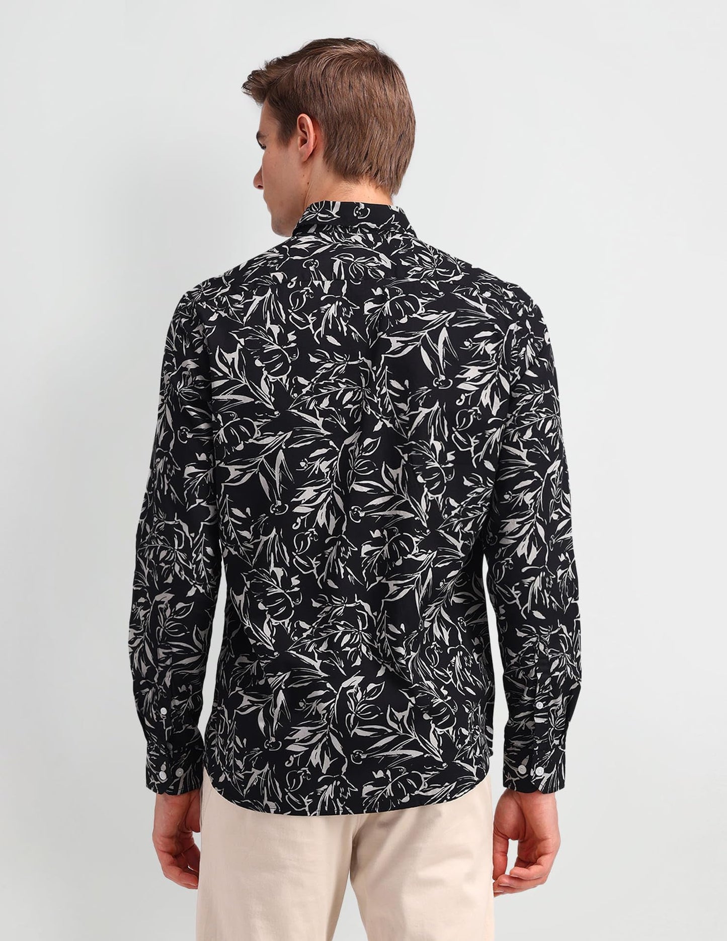 Arrow Men's Printed Full Sleeve Slim Fit Point Collar Cotton Casual Shirt White