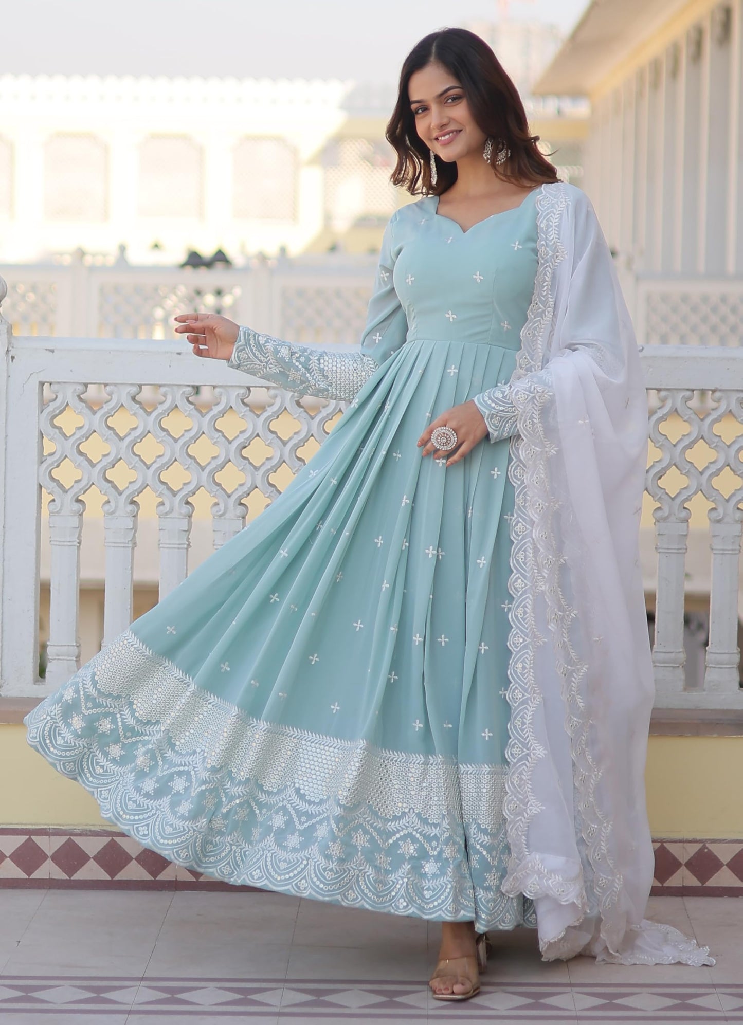 Fashion Basket Blue Women's Faux Georgette Anarkali Gown with Dupatta (XX-Large)