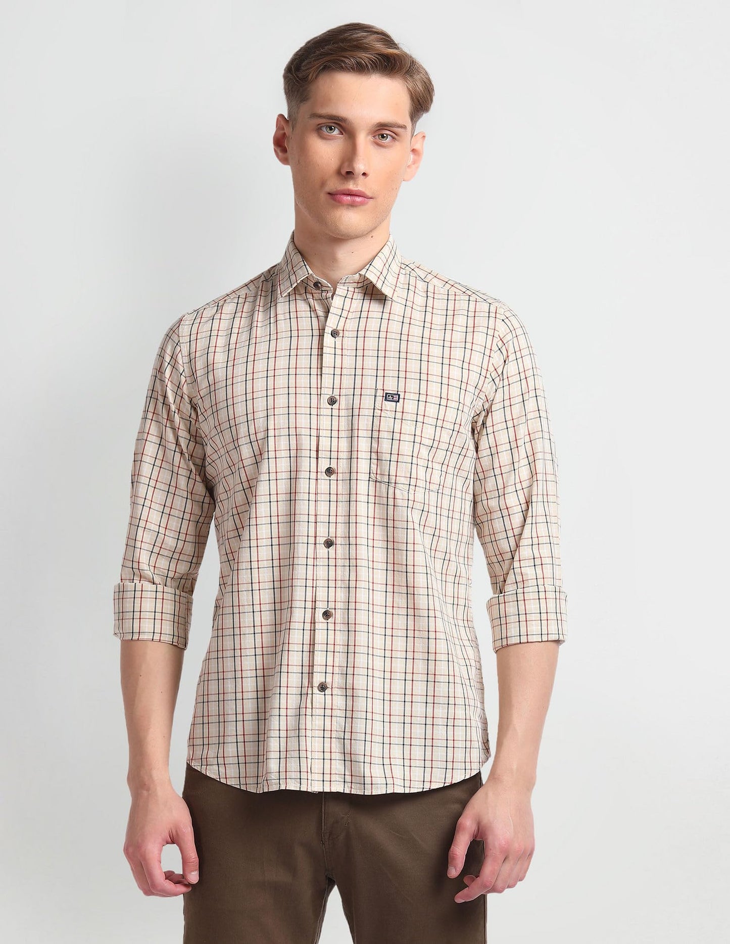 Arrow Men's Checkered Full Sleeve Slim Fit Point Collar Cotton Casual Shirt Beige