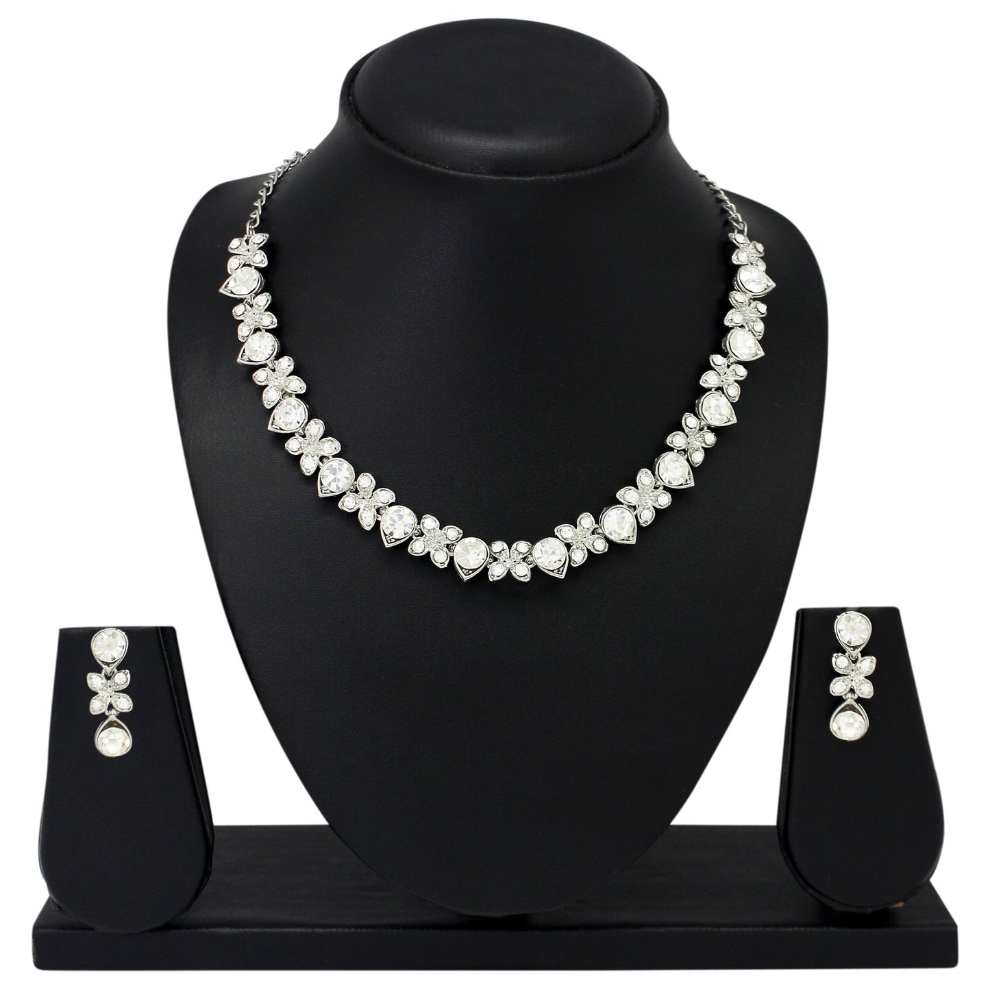 Atasi International Princess Style Silver Plated White AD Crystals/Stones Necklace with Earrings Jewellery Set for Women/Girls - Wedding Jewelry/Party & Festival Accessories