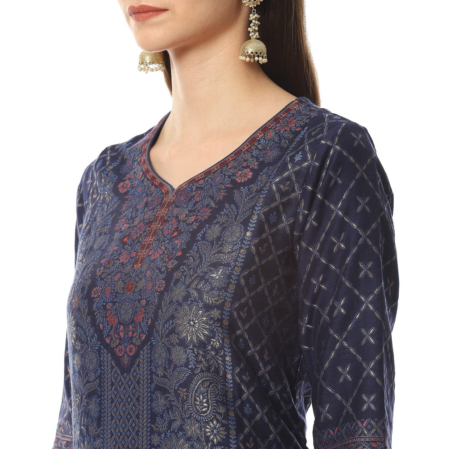 BIBA Women Cotton Yarndyed Narrow Salwar Kurta Dupatta(SKDASSORTED8386_INDIGO BLUE_42) 3Xl