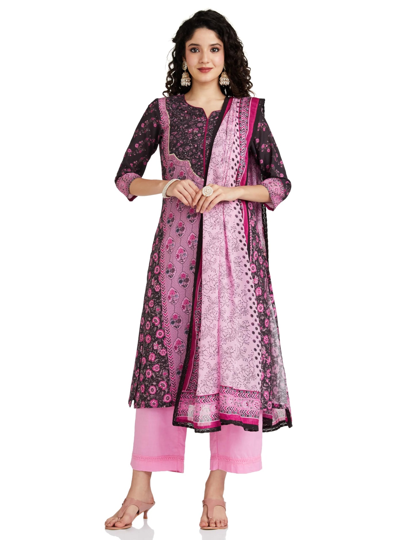 BIBA Cotton Women Printed Straight Salwar Kurta Dupatta(Skdassorted7477E_Black_34)