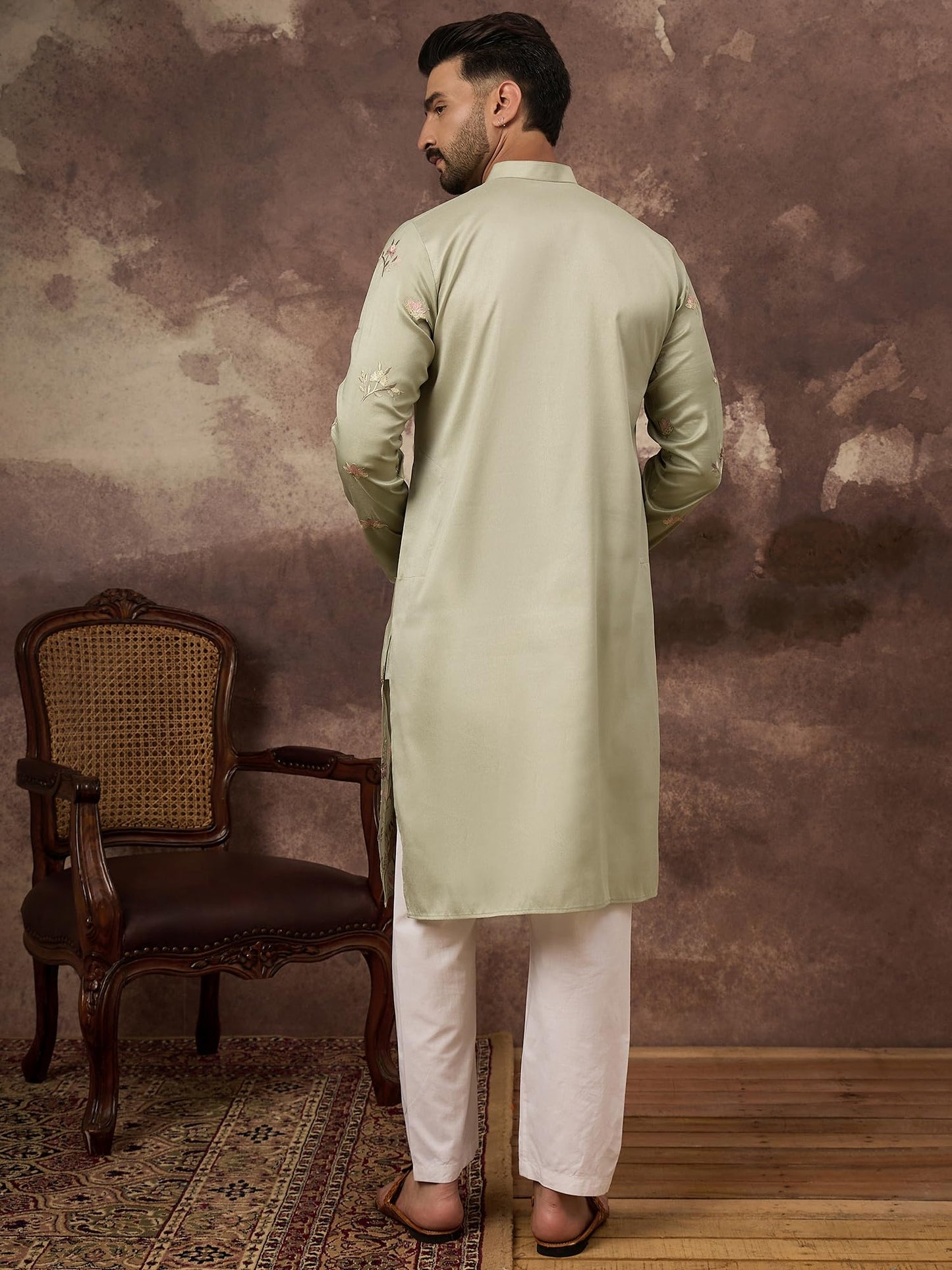Ethnic Bay Men's Green Silk Blend Solid Embroidered Calf Length Kurta's | Embroidered Kurta for Men | Straight Fit Kurtas for Mens (MKU1341, M)
