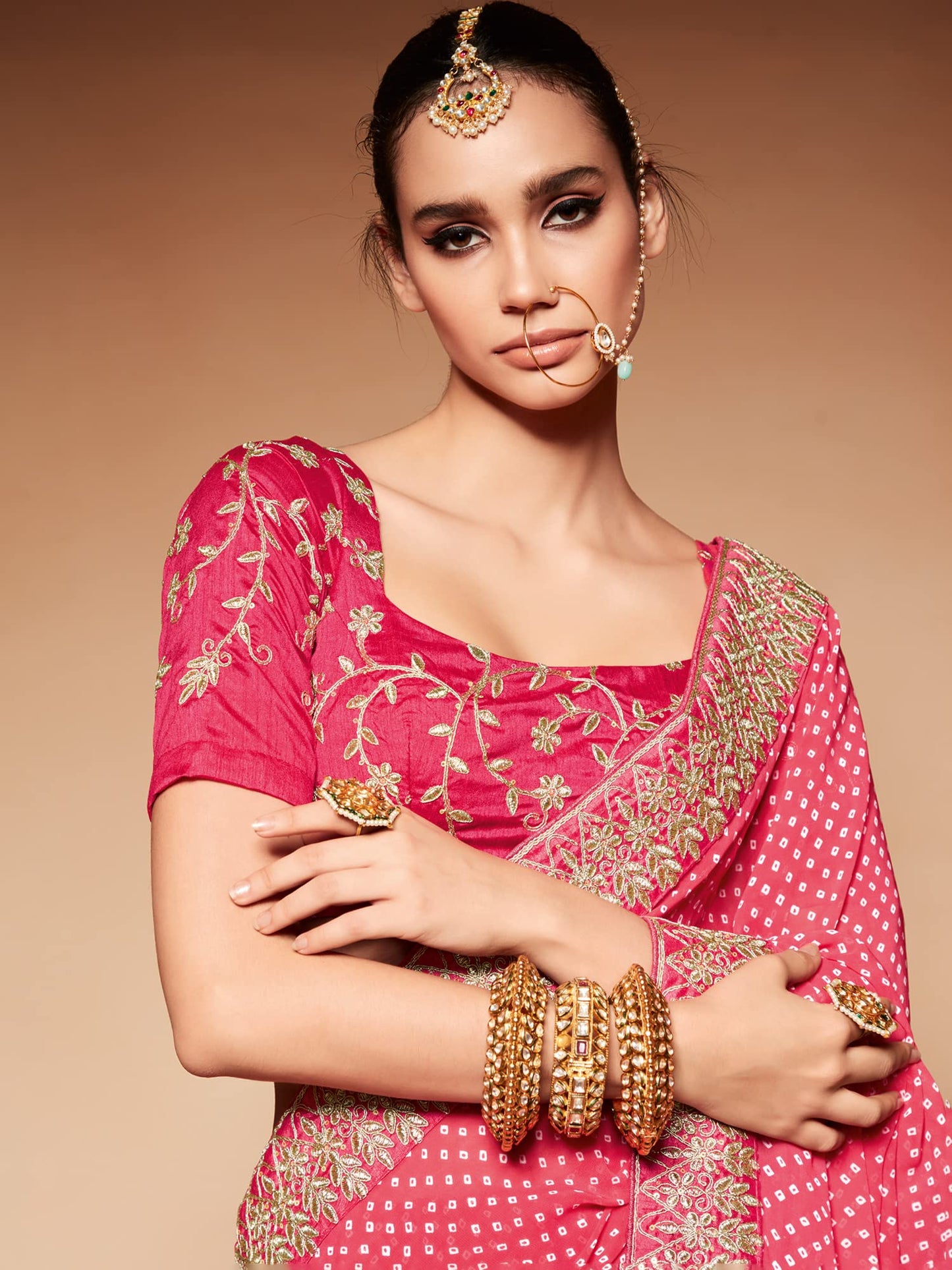 AKHILAM Women's Bandhani Printed Embroidery Work In Lace Georgette Saree With Unstitched Blouse Piece (Pink_BANDHNI1009_SR)