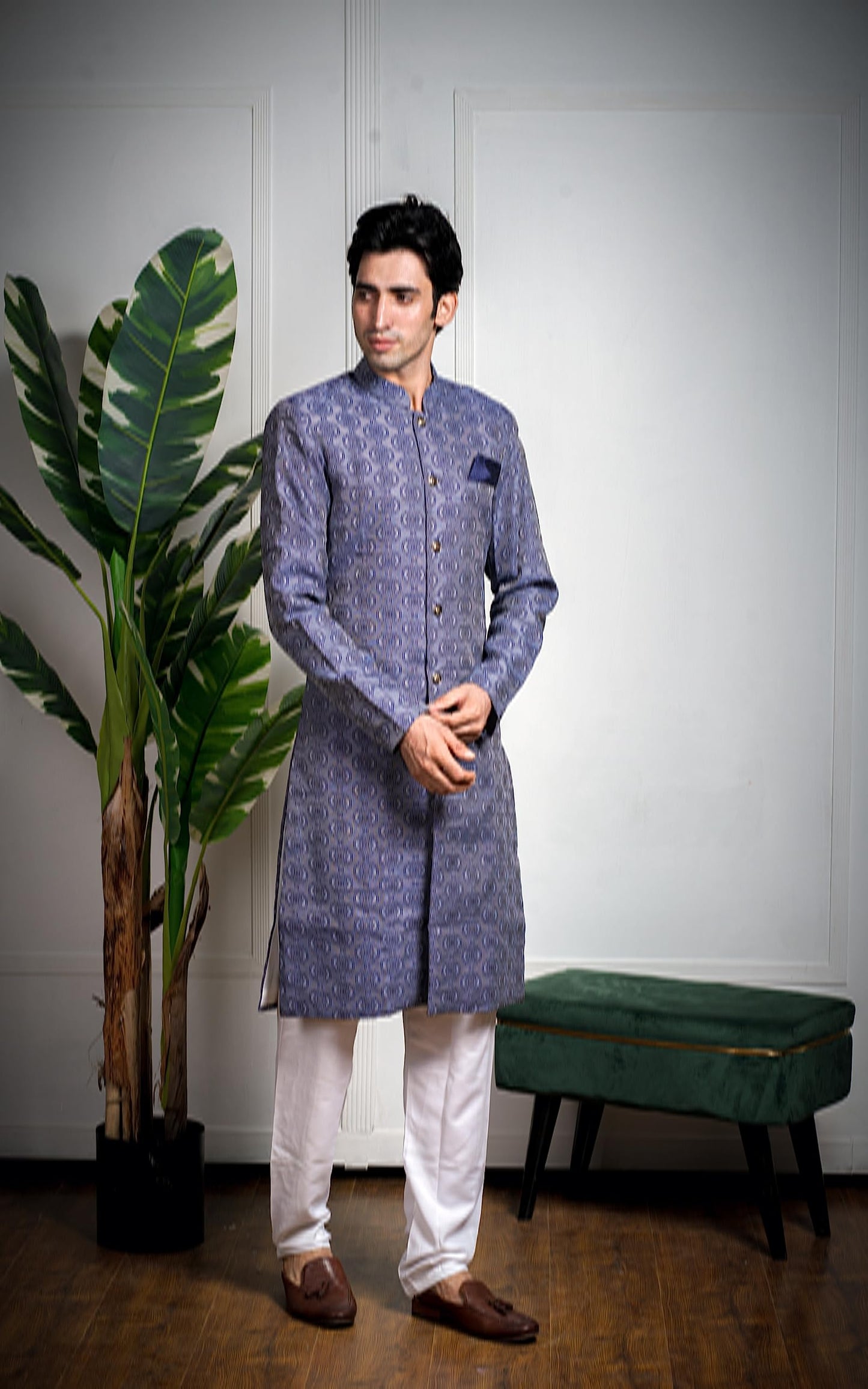 Amzira Mens Ethnic Wear Indo Western Set - Blue (Large)
