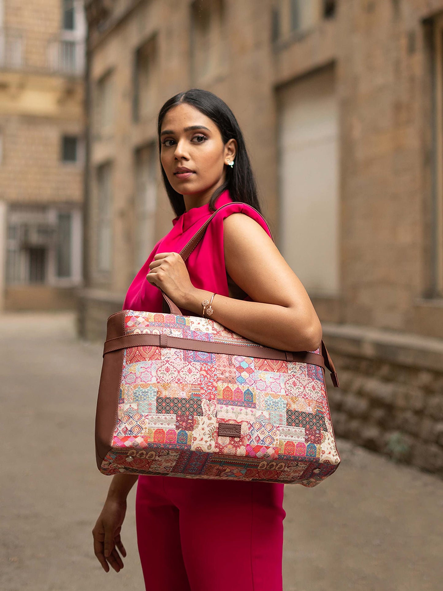 ZOUK Kutch Gamthi Abstract Printed Women's Jute Handcrafted Vegan Leather Multicolor Statement Office Shoulder Bag