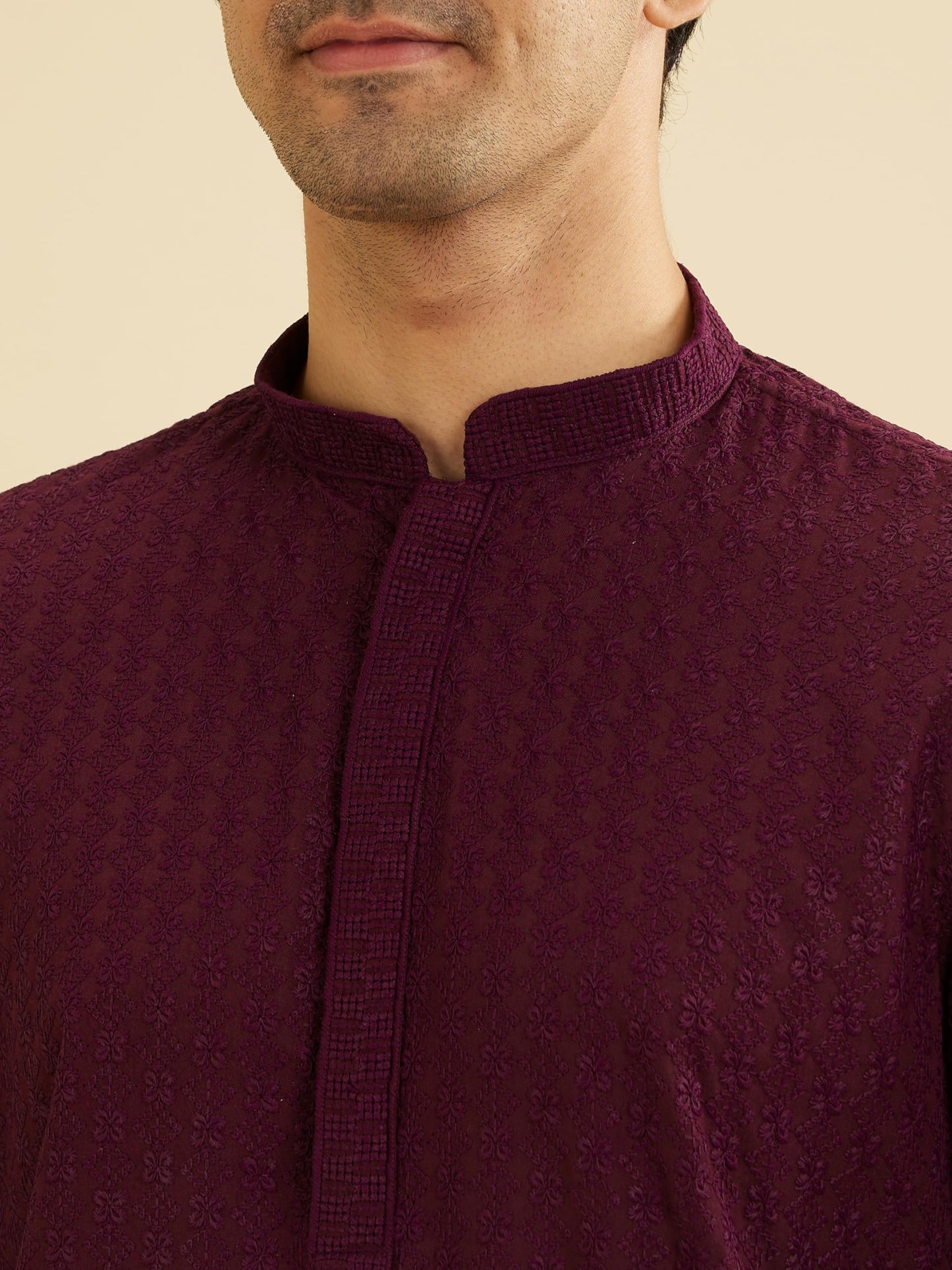 Manyavar Men's Cotton Blend Traditional Chikankari Kurta Pyjama Set (Wine,L)