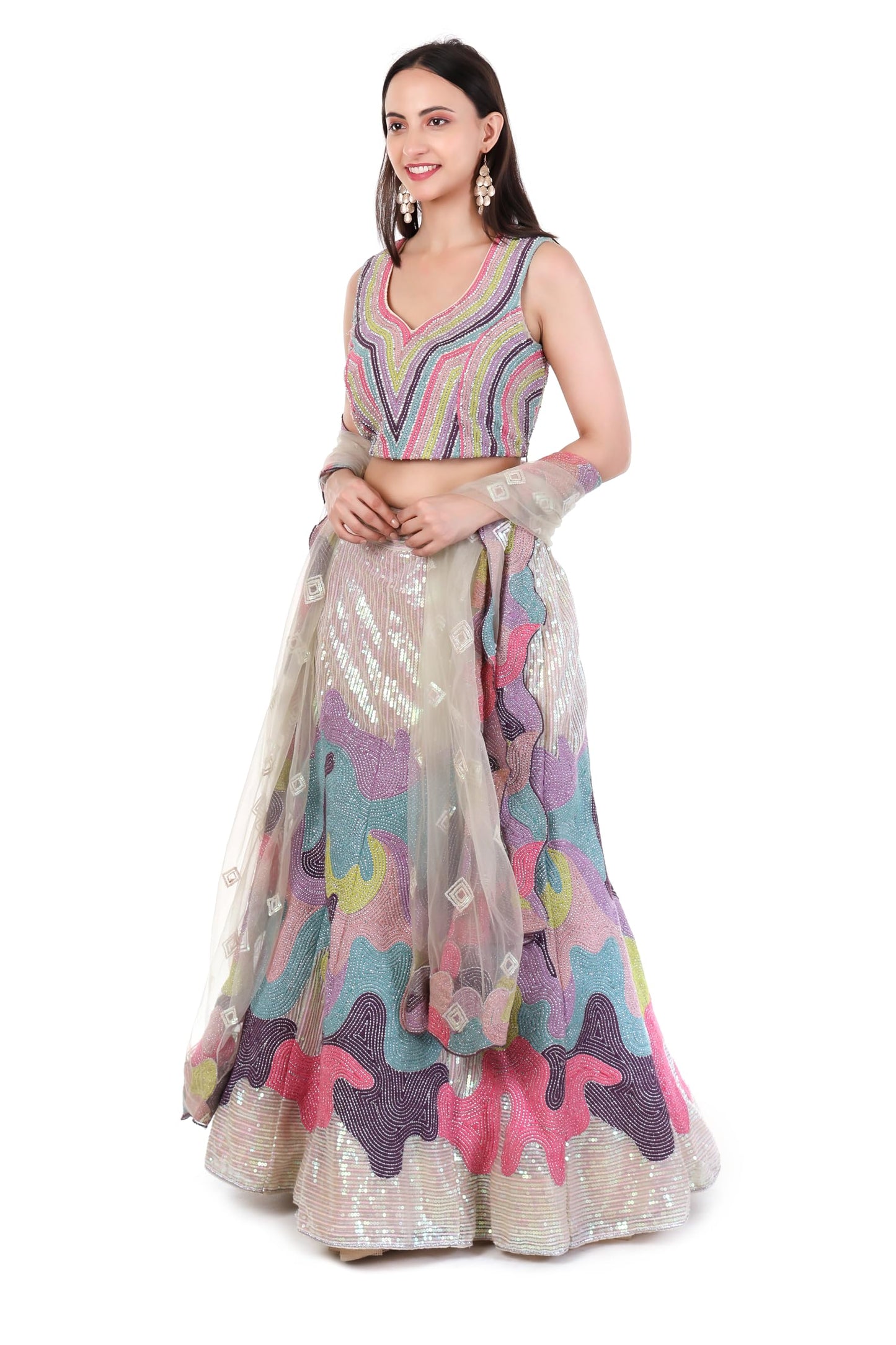 SWAPNIL BY AL Women's Designer Lehenga Choli Set With Sequin Embroidery & Net Dupatta | Off-White Multicolor | Size - M