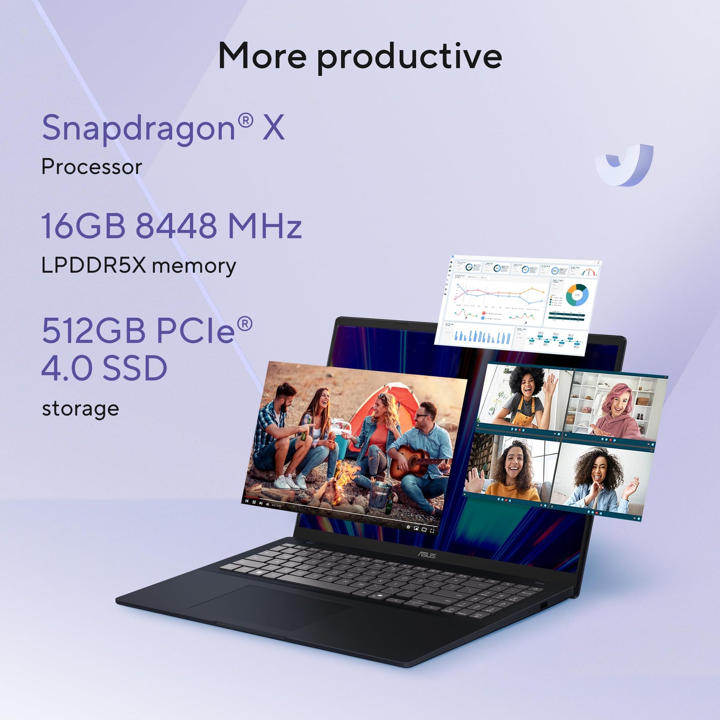 ASUS Vivobook 16, Snapdragon X Processor,(Qualcomm Adreno iGPU/16GB RAM/512GB SSD/Windows 11 Home/MS Office 365 Basic (1Year)*/16" FHD+/AI PC/Quiet Blue/1.88 kg), X1607QA-MB049WS