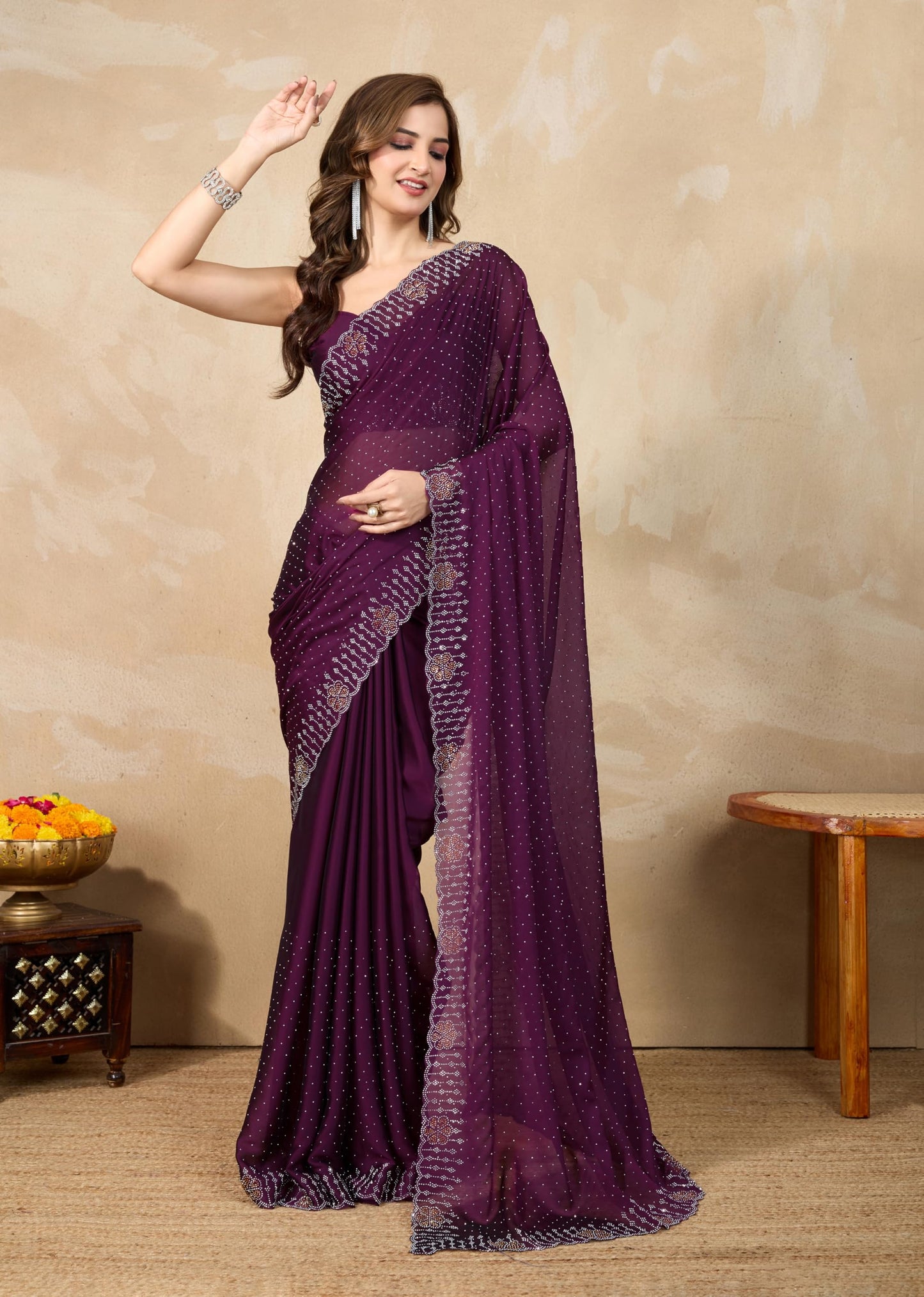 TRENDMALLS Women's Silk Siroski Work Saree with Unstitch Blouse Piece (K1155-Purple)