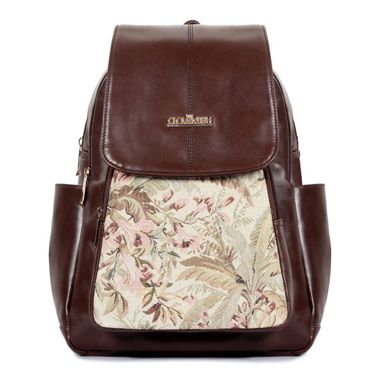 THE CLOWNFISH Medium Size Minerva Faux Leather & Tapestry Women's Standard Backpack College School Bag Casual Travel Standard Backpack For Ladies Girls (Brown- Floral), 10 Litre