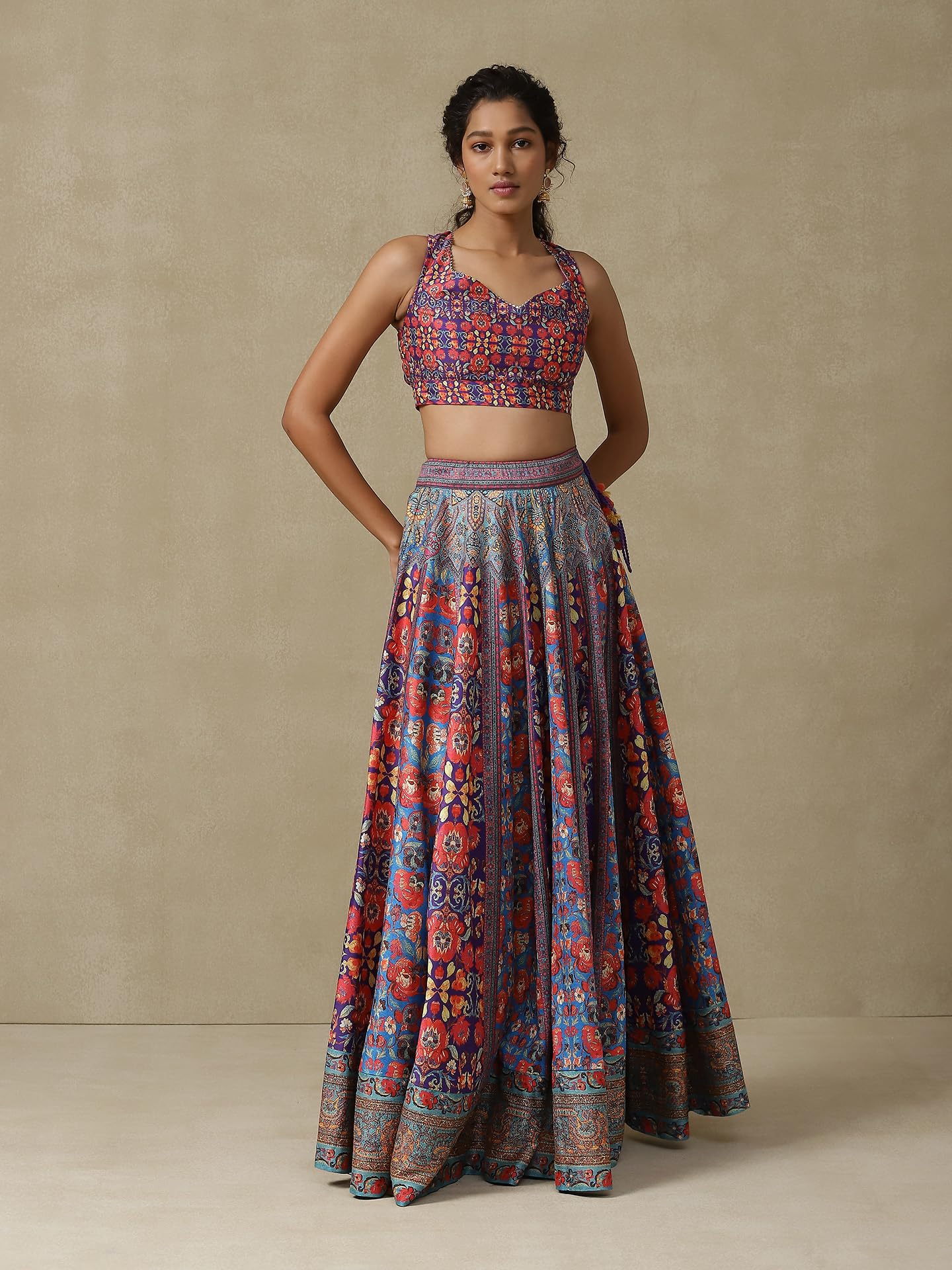 Aarke Ritu Kumar Women's Purple Floral Printed Polyester Readymade Lehenga Choli Set