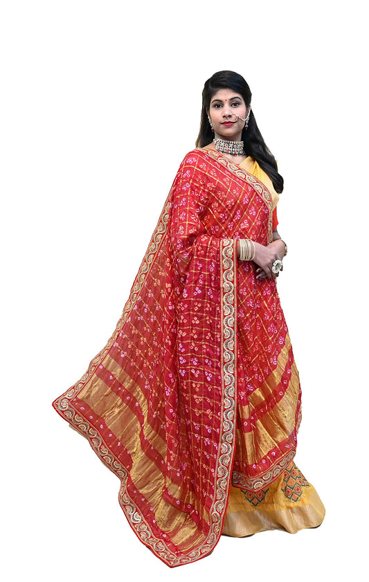 RANISATIYA Marwadi Rajasthani Bandhani Odhana Pure Ghatchola Fabric Chunri & Piliya (Chunri (Red))