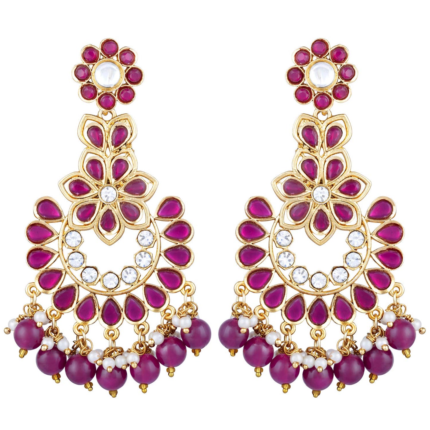 Peora Gold Plated Rani Pink Studded Chandbali Dangle Earrings for Women