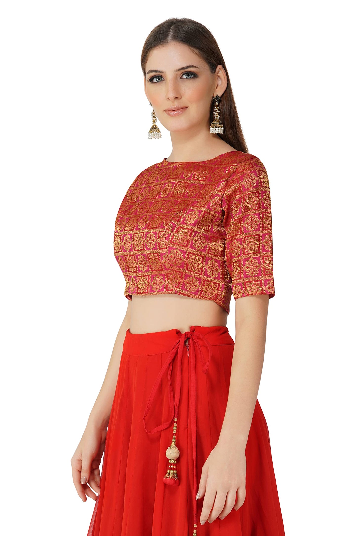 Fressia Fabrics Women's Ikkat Pattern Jacquard Boat Neck Readymade Blouse for Women (38, Persian red)