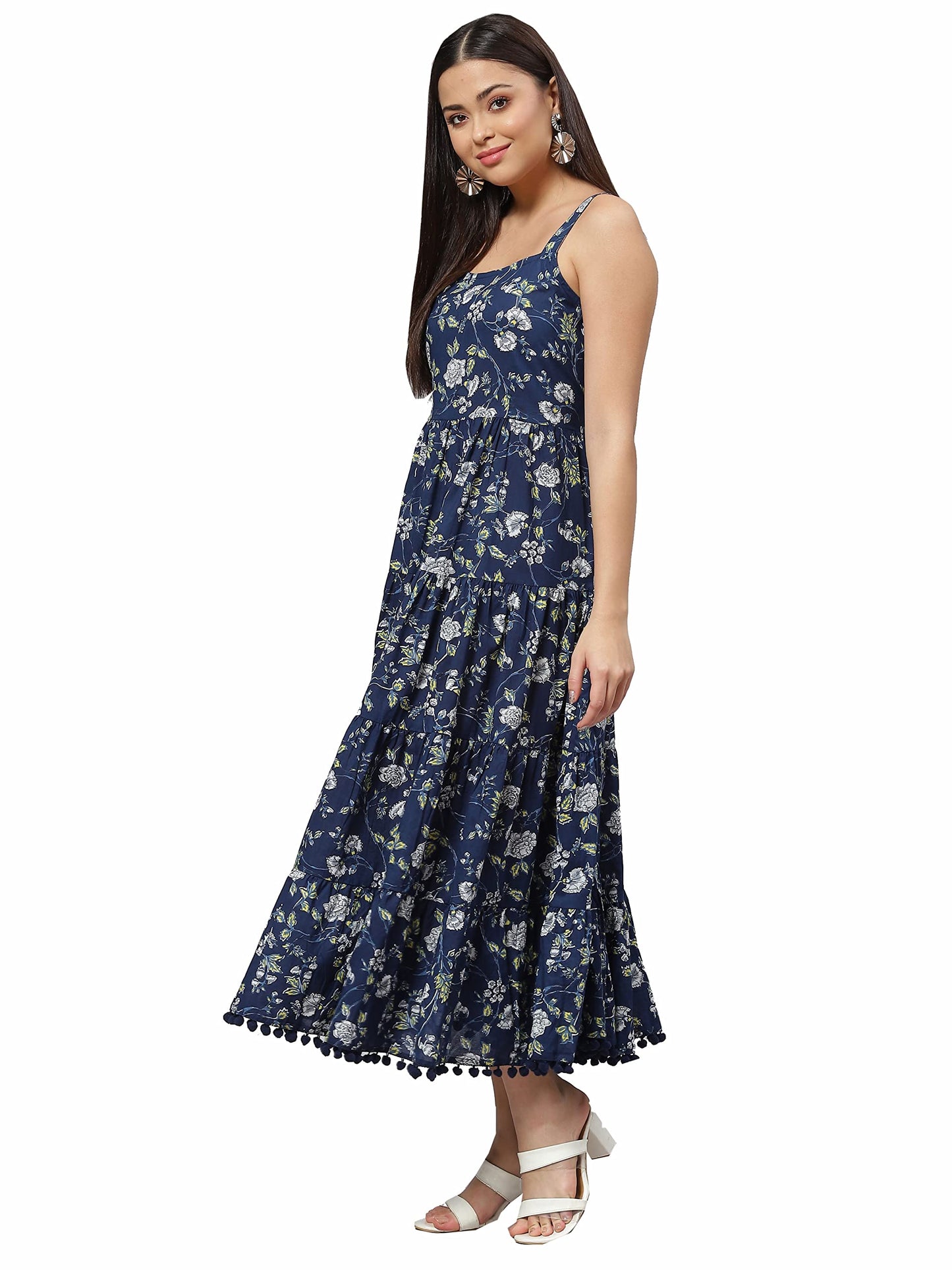 Divena Blue Floarl Shoulder Strip Long Dress