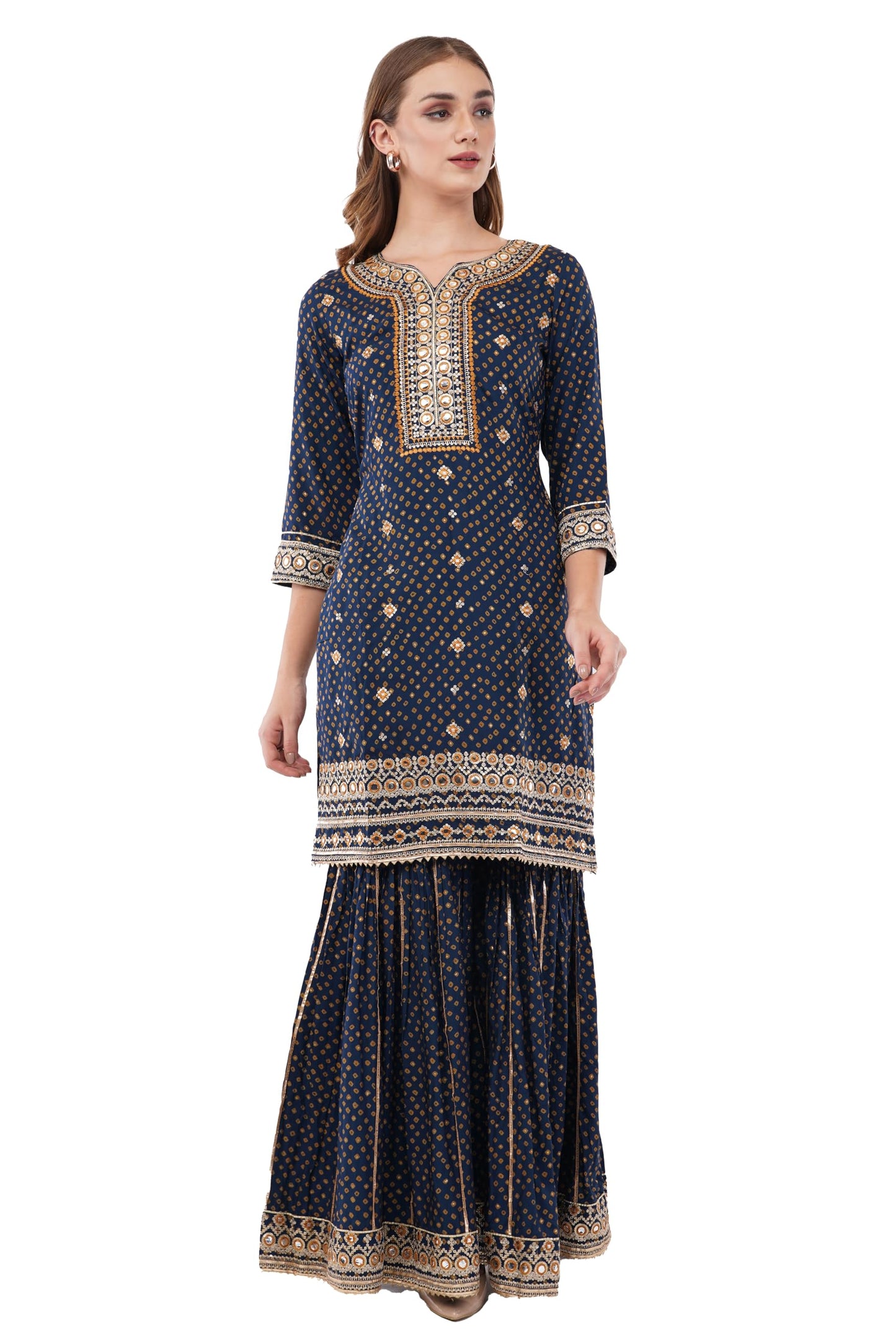 dhartii Navy Blue Suit Set for Women | Pure Muslin for Effortess Comfort | Embellished Yoke & Hemlines| 3 Piece Dress- Printed Suit, Flared Sharara Pants & Organza Dupatta