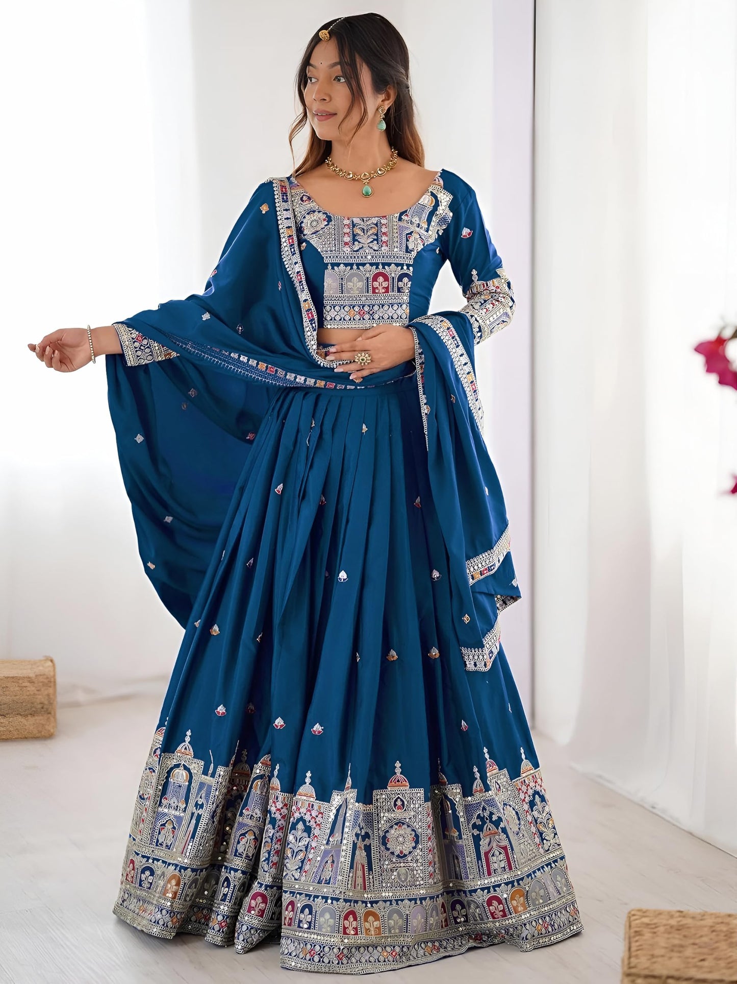Zeel Clothing Women's Sequins Thread Embroidered French Crepe Lehenga Choli With Dupatta (5118-Dove-Blue-Women-Lehenga-Choli; Free size) (Dove Blue)