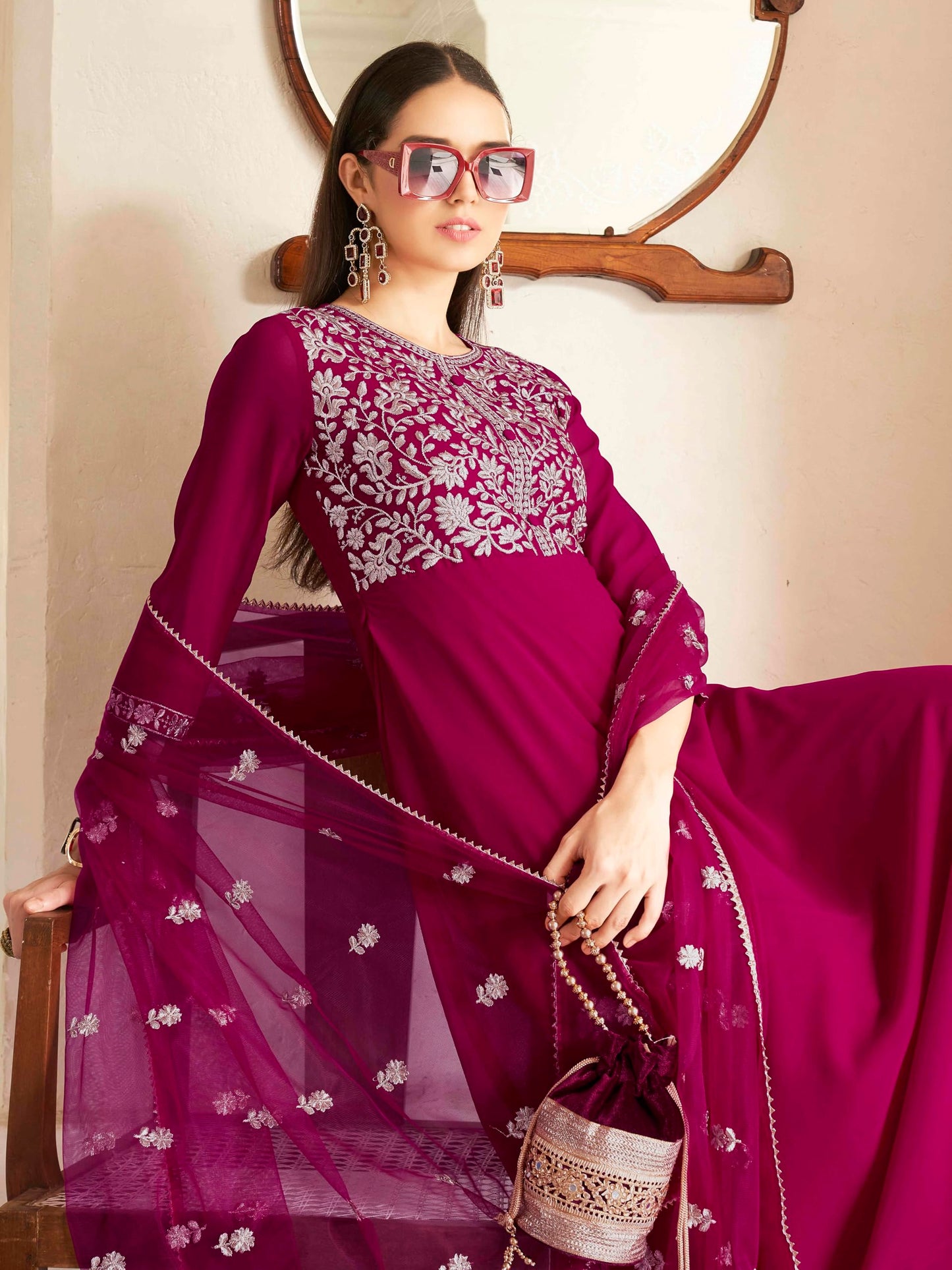 Womanista Women's Magenta Georgette Zari Embroidered Flared Kurta and Pants with Dupatta (Kurtaset_1323_XL)