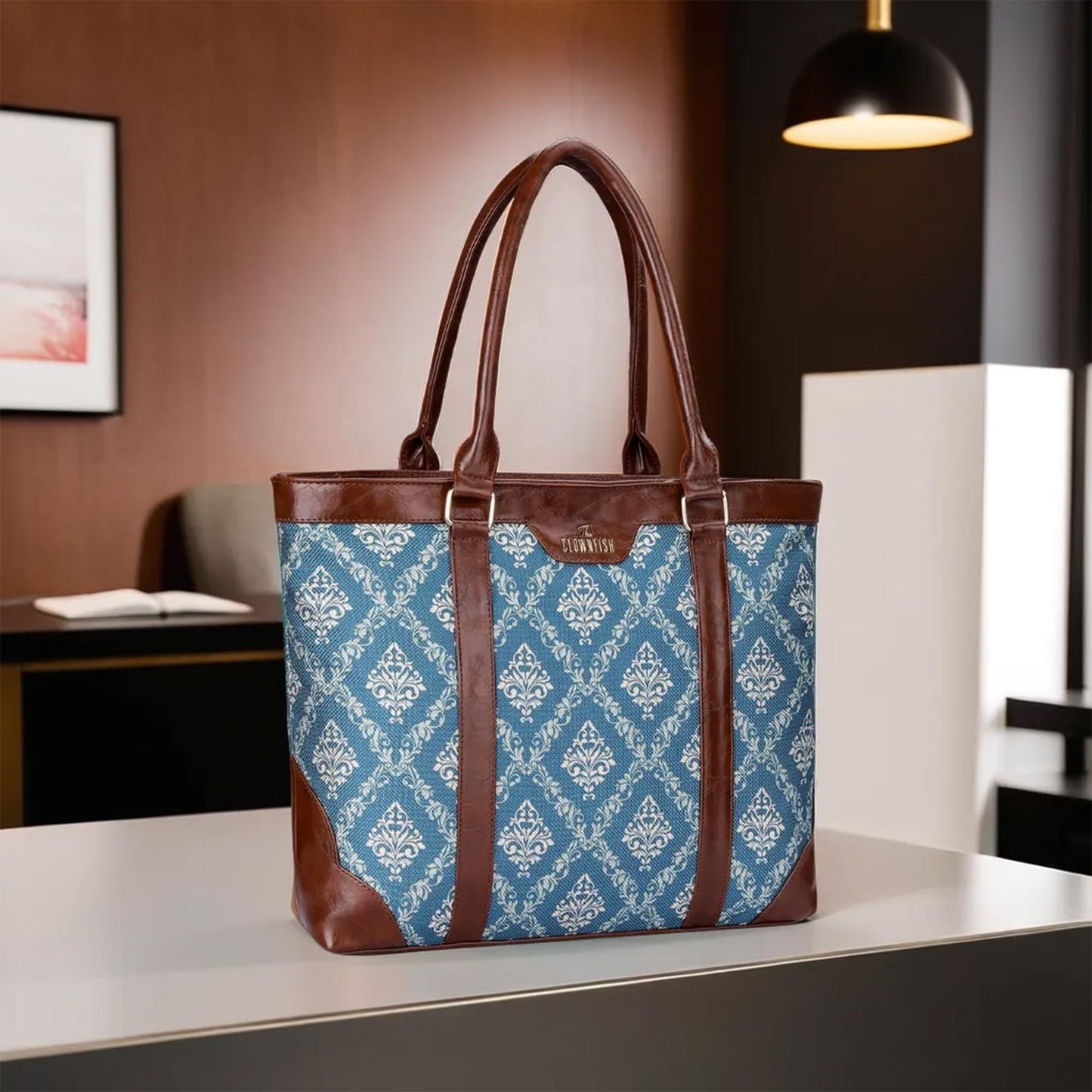 THE CLOWNFISH Miranda Series 15.6 inch Laptop Bag For Women Printed Handicraft Fabric & Faux Leather Office Bag Briefcase Hand Messenger bag Tote Shoulder Bag (Green)