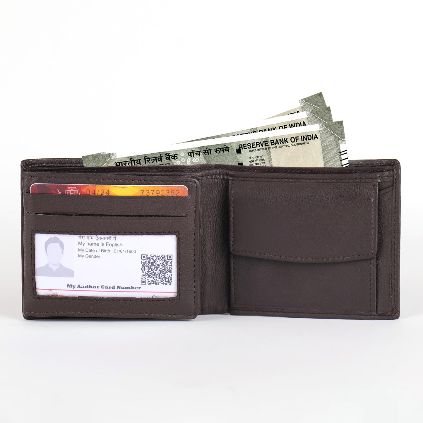 KARA Brown Men's Genuine Leather Wallet – Bifold, 2 Cash Compartments, Coin Pocket, 10+ Card Slots, Hidden & Transparent Flip Sections