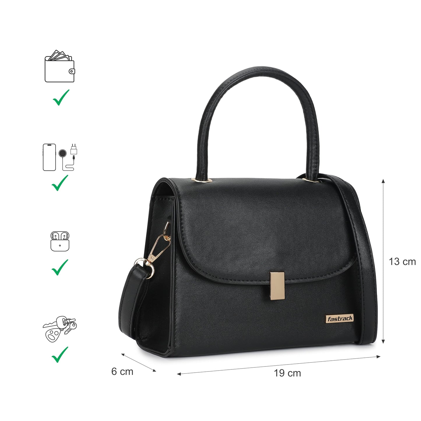 Fastrack Solid PU Structured Handheld Bag For Women, Girls and Ladies | with Detachable Sling Strap and Button Closure | Ladies Purse Handbag | Trendy Handbags for Women