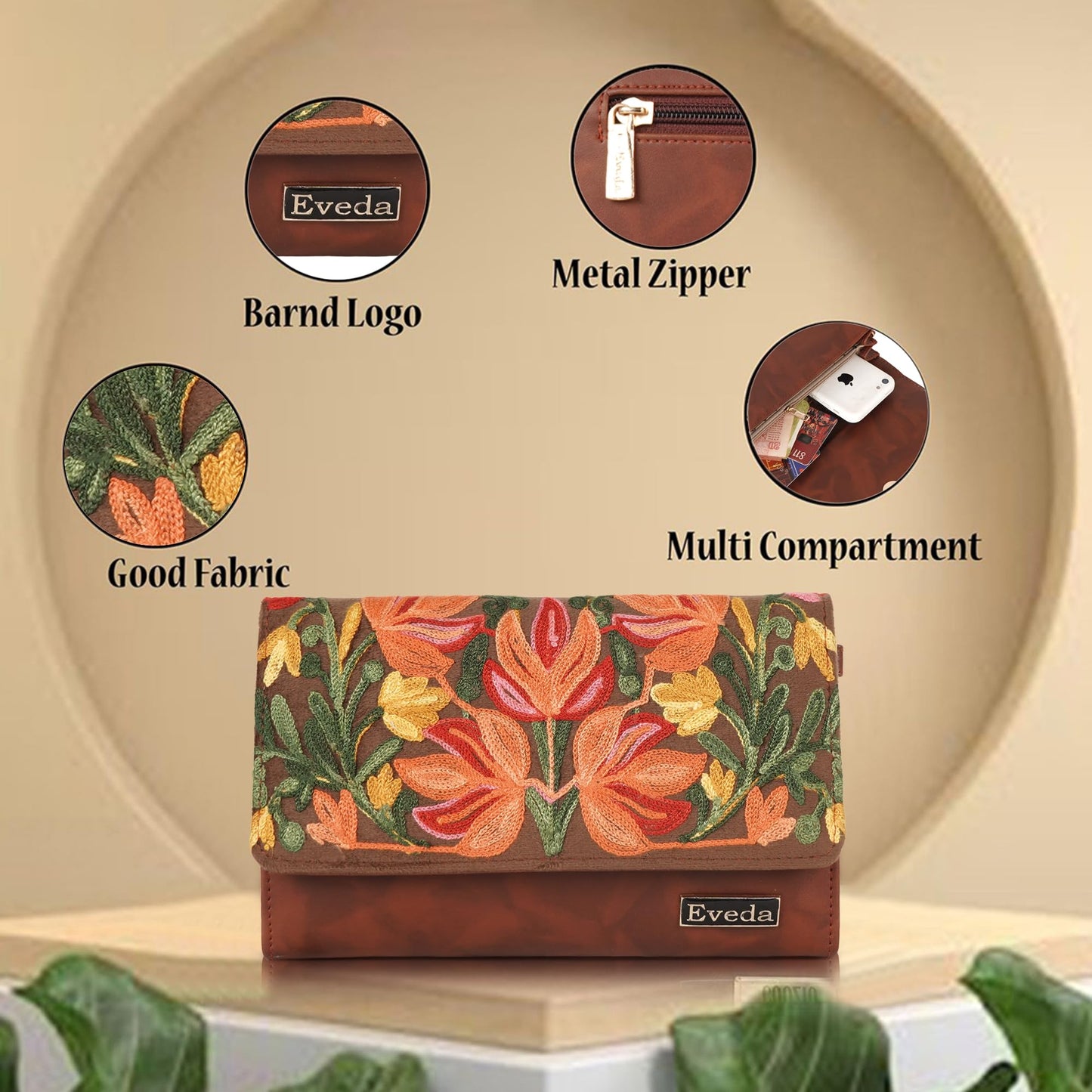 VELUCIA Womens Embroidered Floral Clutch Purse, Gold Design, Ladies Wallet (Tan)