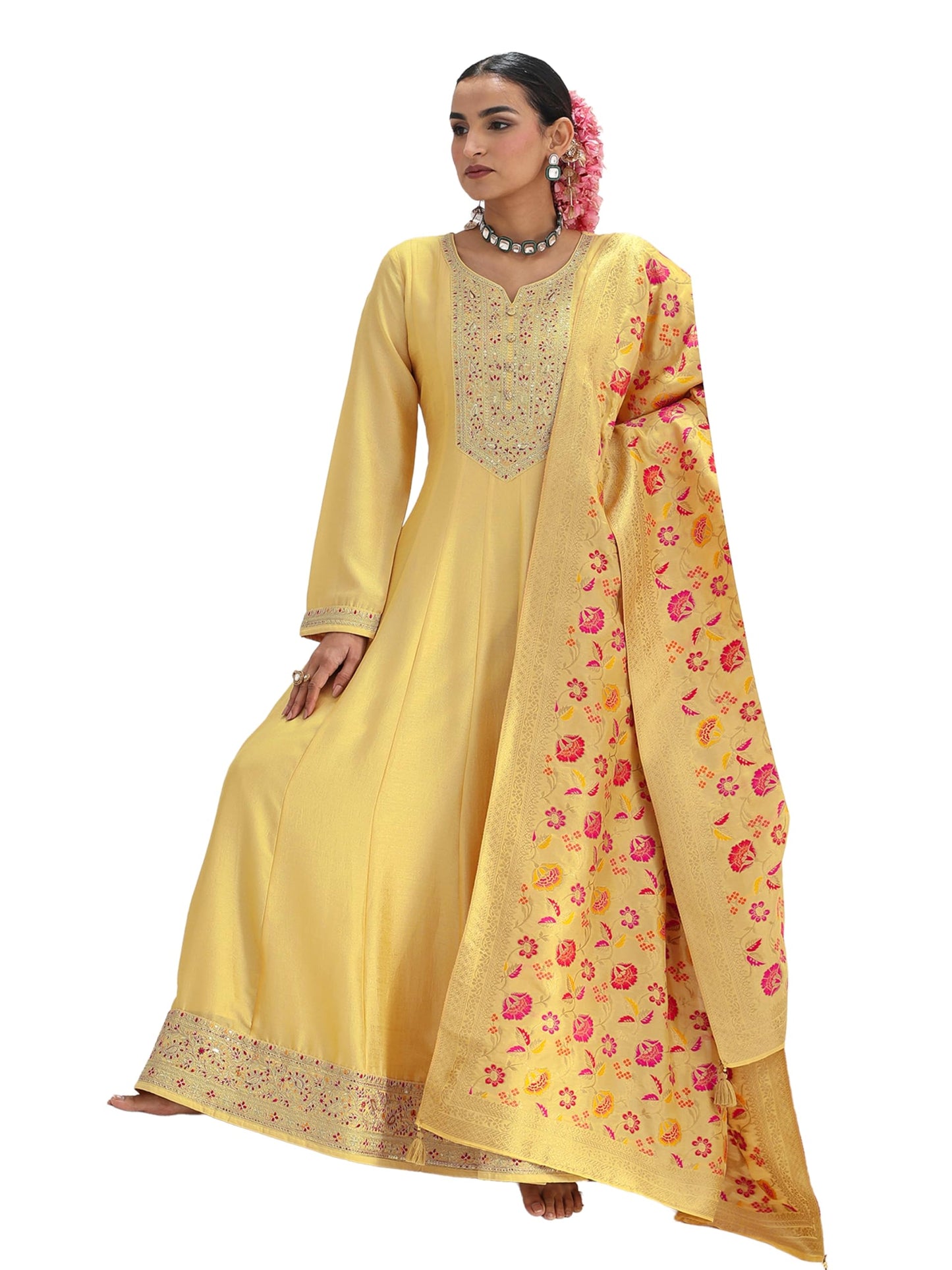 Libas Embroidered Silk Blend A-Line Ethnic Dress with Dupatta-93631XXL