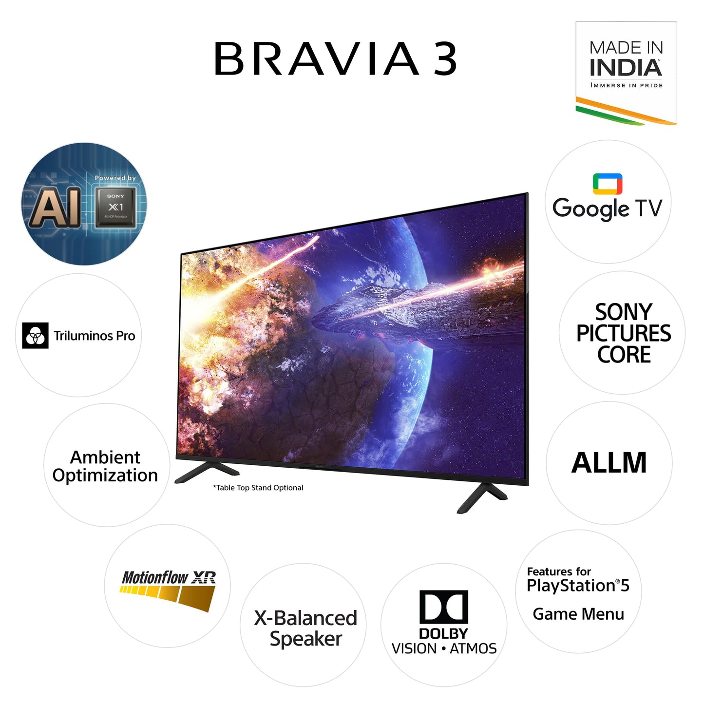 Sony BRAVIA 3 Series 139 cm (55 inches) 4K Ultra HD AI Smart LED Google TV K-55S30B (Black)