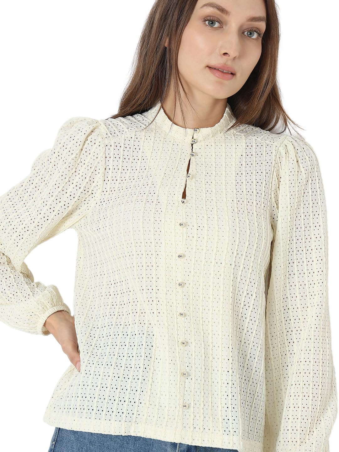 VERO MODA Women Self Design White Polyester Regular Fit Top