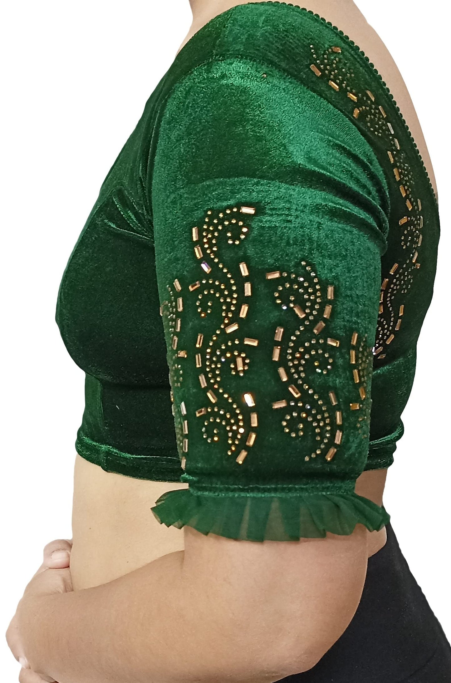 PU Fashion Women's Velvet Self Design Half Sleeve Blouse (PU-BLS-551-Green-32-A_Green_32)