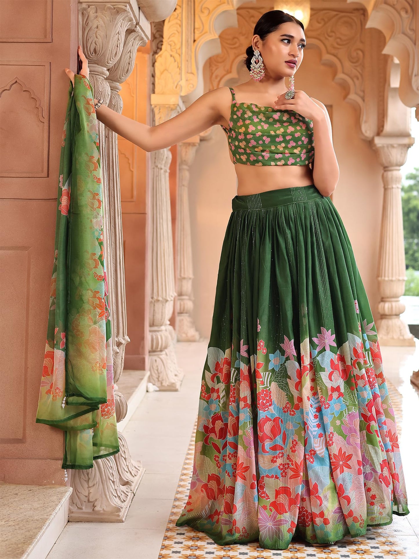 PURVAJA Women Georgette Semi-Stitched Lehenga Choli Set (Viana-Green Free Size)