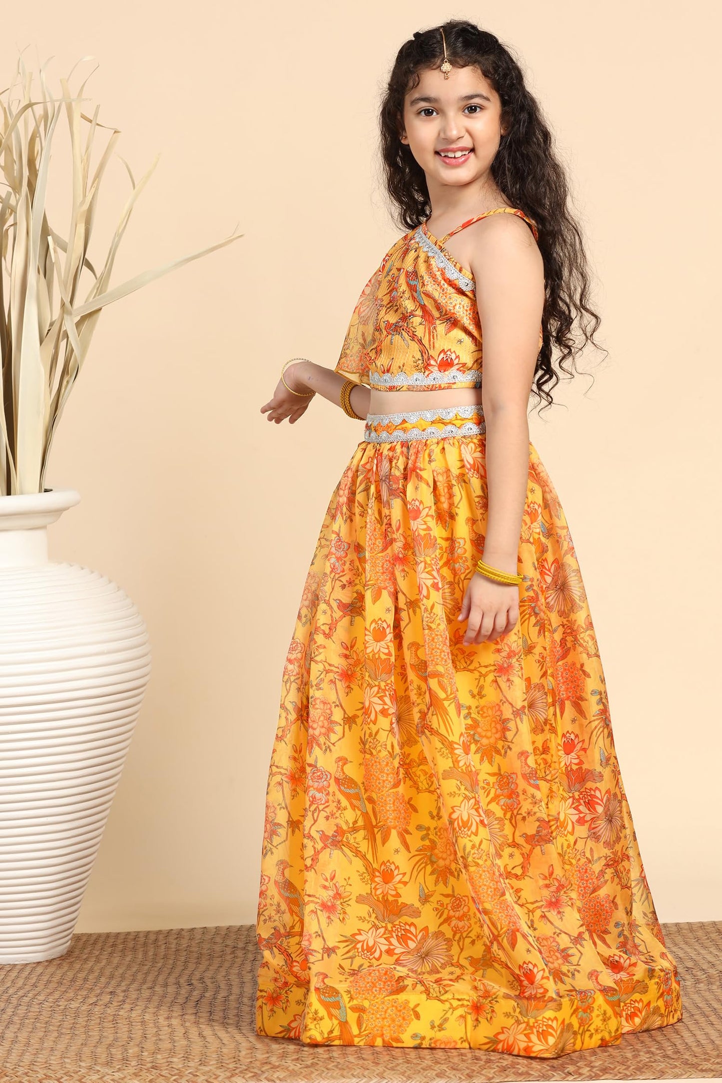 Jwalin Girl's Silk Blend Readymade Lehenga Choli Set |Lehenga Choli For Girls|Ethnic Wear|Kids Lehenga (JWGLGC00144 YLW 24_Yellow_5-6 Yrs)